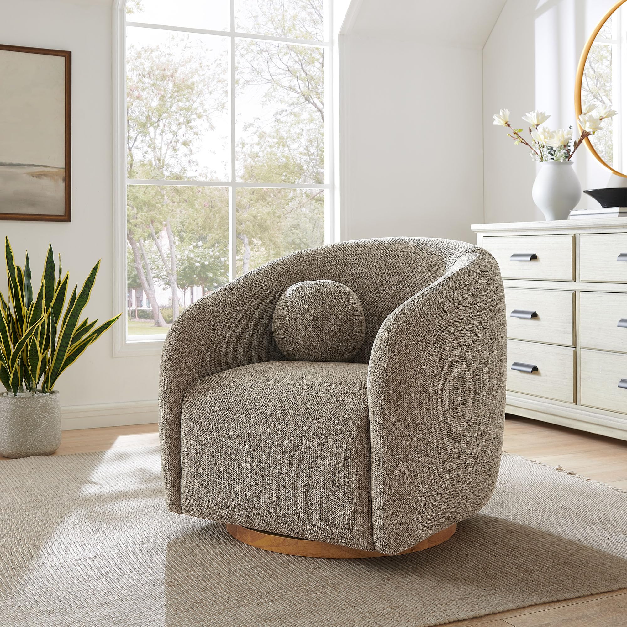 Modway Holland Curved Swivel Armchair in Taupe – Chenille Fabric Barrel Chair with Ball Throw Pillow and Wood Base – Mid-Century Modern Curved Living