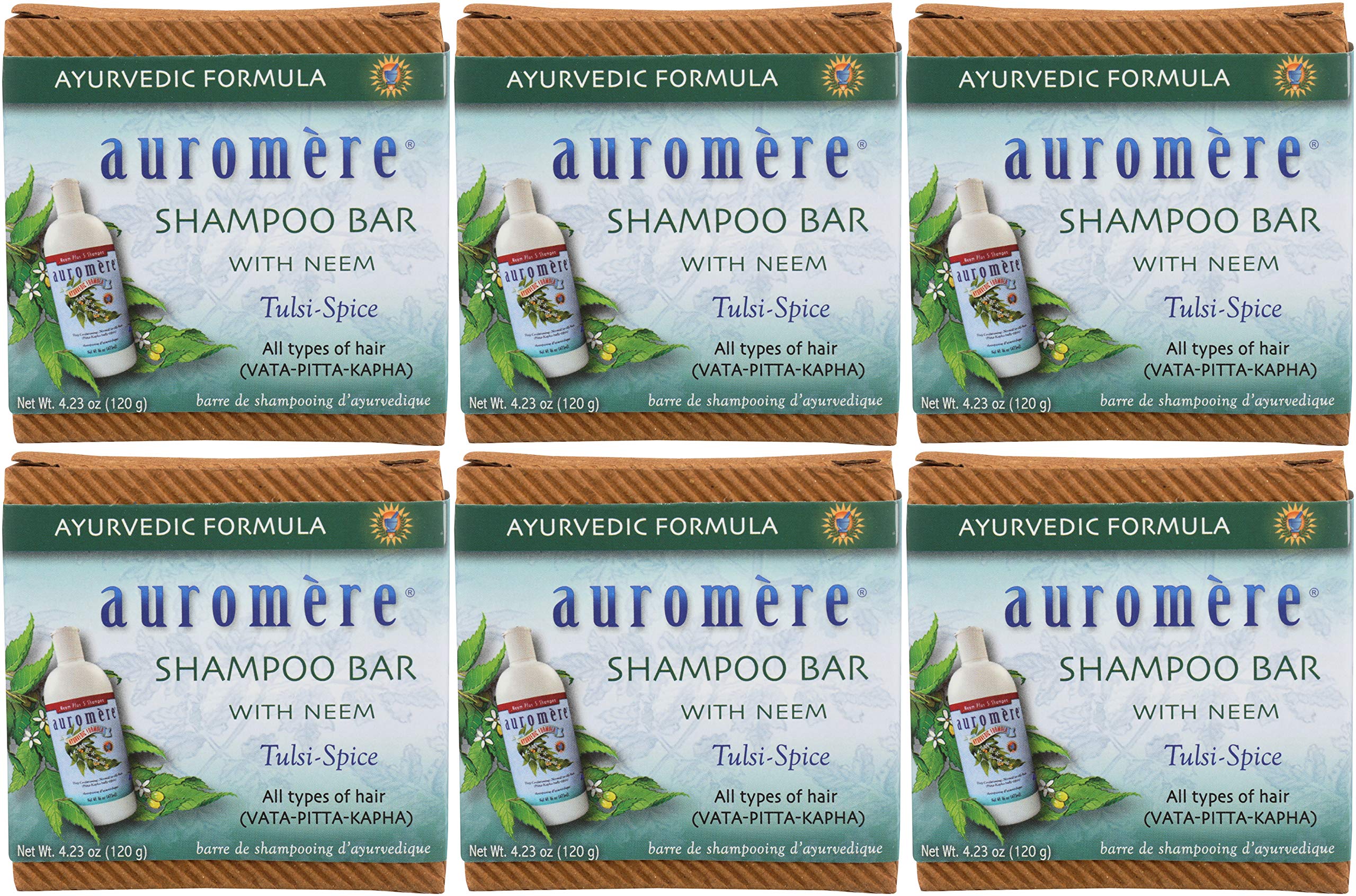 Auromere Ayurvedic Shampoo Bar - Eco Friendly, Handmade, Vegan, Cruelty Free, Natural, Non GMO, All in One Bar for Soap and Shampoo (4.23 oz), 6 pack