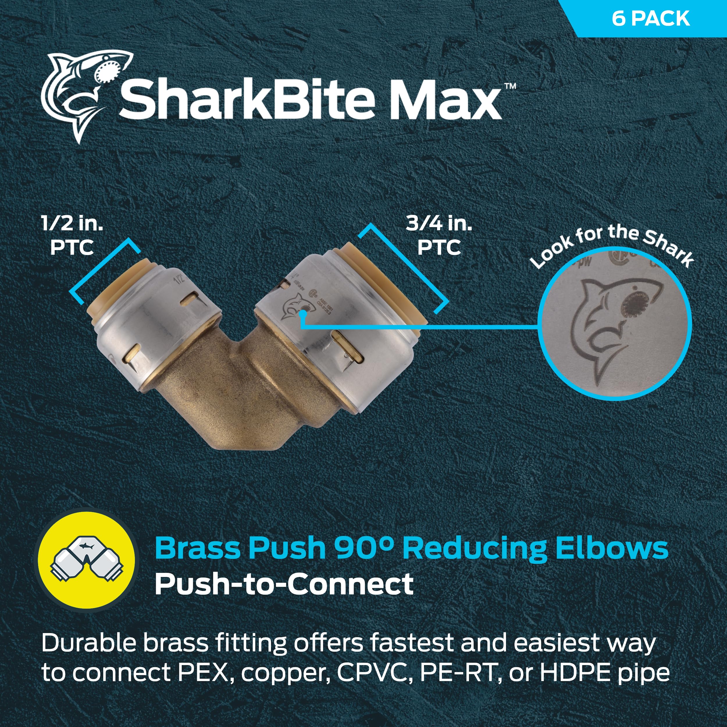 SharkBite Codo reductor de 90 grados máximo de 3/4 pulgadas x 1/2 pulgadas, paquete de 6, accesorio de fontanería de latón a presión para conectar, tubo PEX, cobre, CPVC, PE-RT, HDPE, UR274