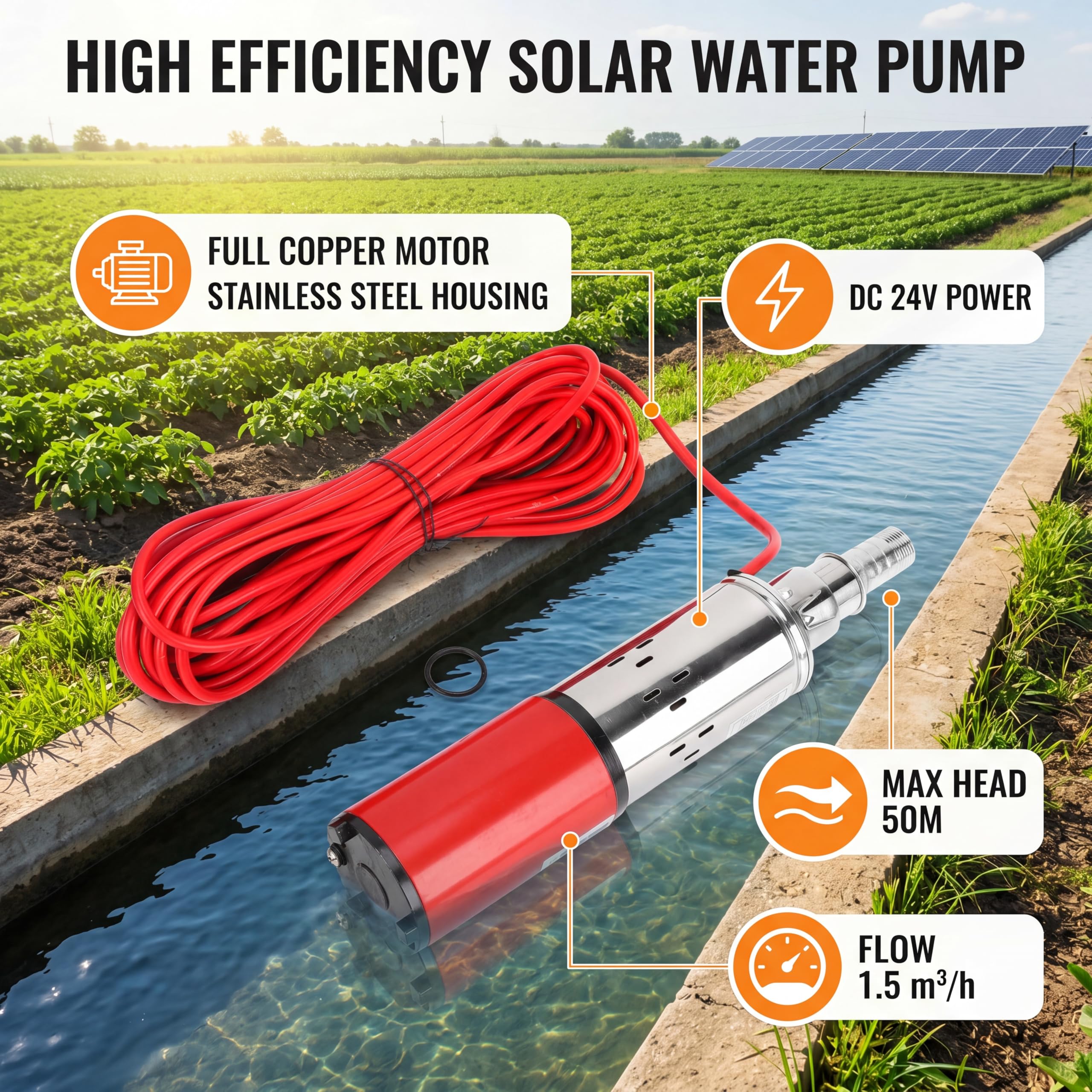 Bomba de agua Solar de 1,5, Bombas y accesorios Bombas para pozos m³ / h DC24V, bomba de pozo profundo, bomba sumergible de tornillo de accionamiento eléctrico, 50 metros de elevación de altura