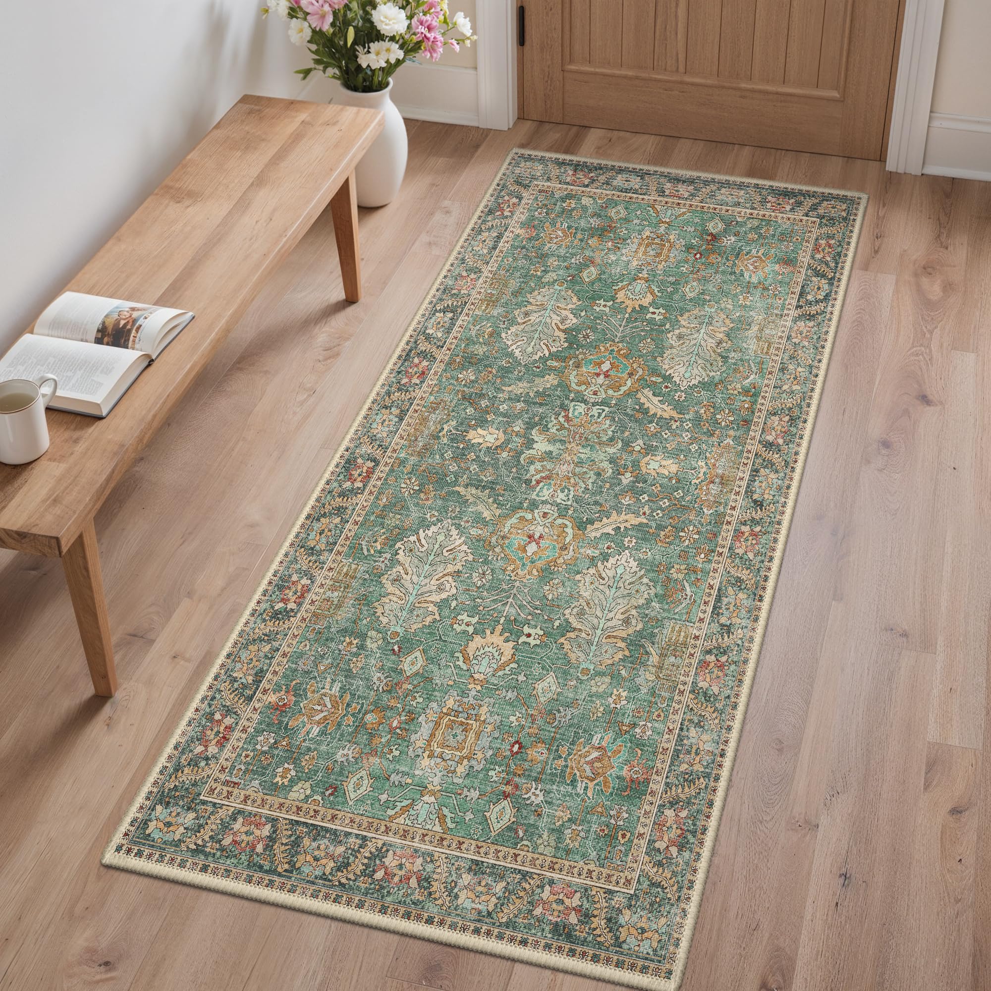 BEIMO Runner Rugs for Hallway 80x150cm, Non-Slip Washable Rug Soft Low Pile, Nursery Rug Boho Design Carpet Runners for Entryway Kitchen Laundry Room, Retro Floral Motifs Geometric, Emerald Green โ image 1