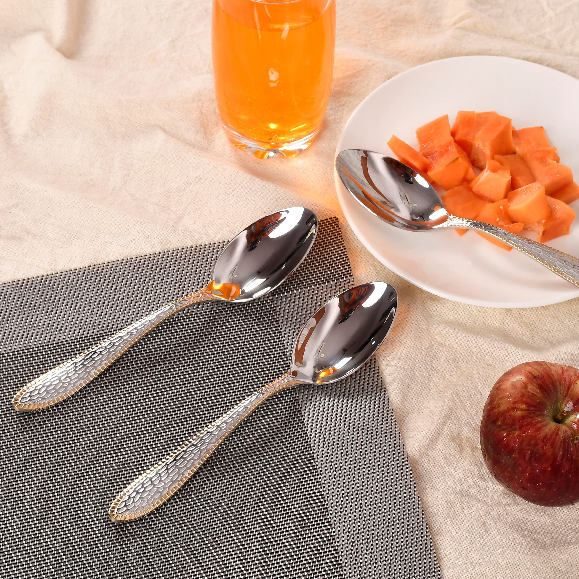 HAINE Stainless Steel Gold Bordered Textured Spoons Set of 6 (18cm) 1