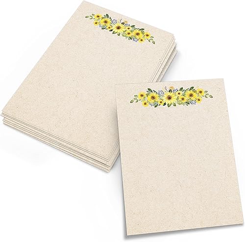 321Done Tarjetas de notas de girasol en blanco, papel kraft  (50) tarjetas de 5 x 7 con bonitas flores amarillas de sol, centro  cartulina premium