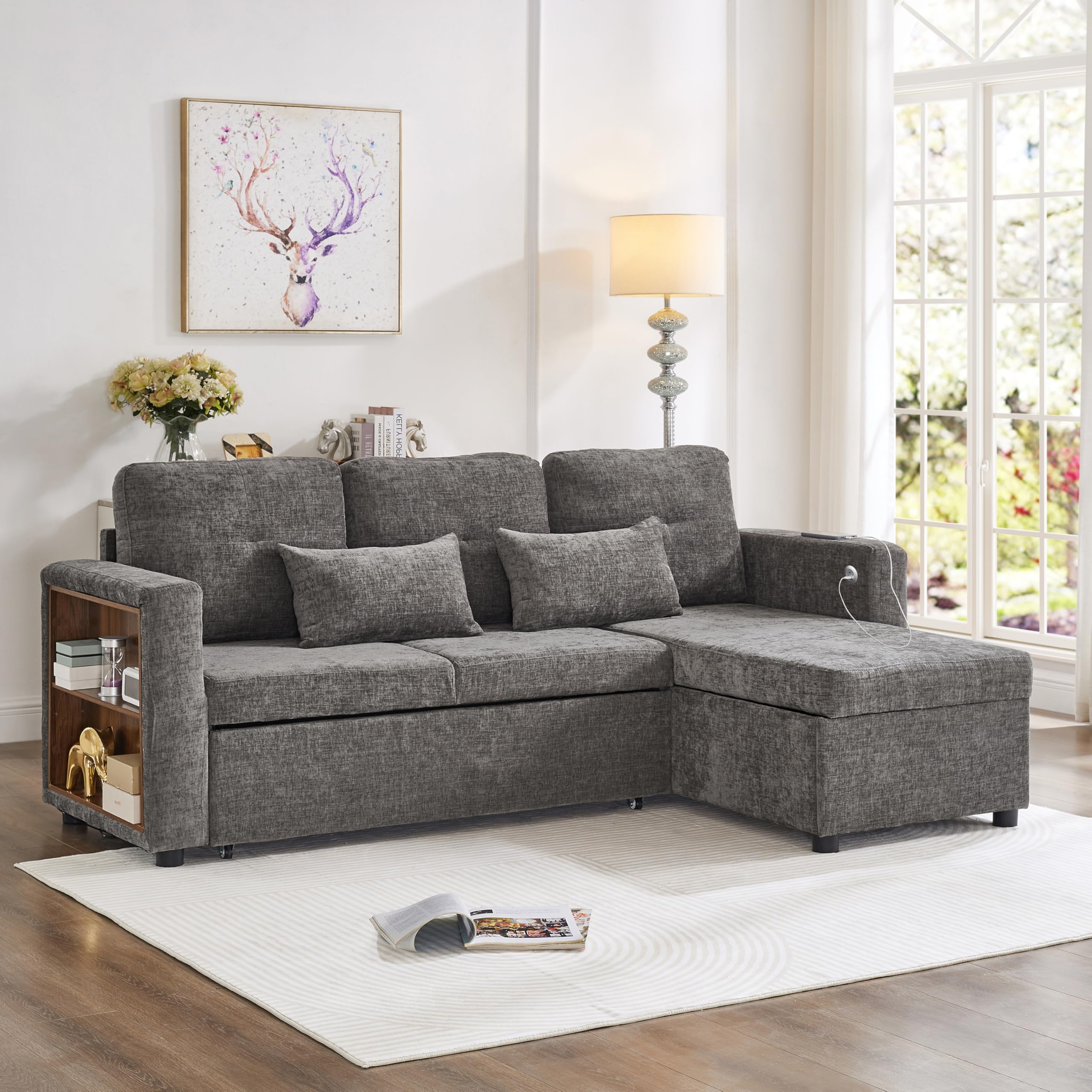Ball & Cast Corner Sofa Bed, L-Shaped Sleeper Sectional Couch, 3-in-1 Fabric Convertible Pull Out Sofa Bed with Adjustable Backrest, USB and Adjustable Armrest Side Storage for Living Room,Grey