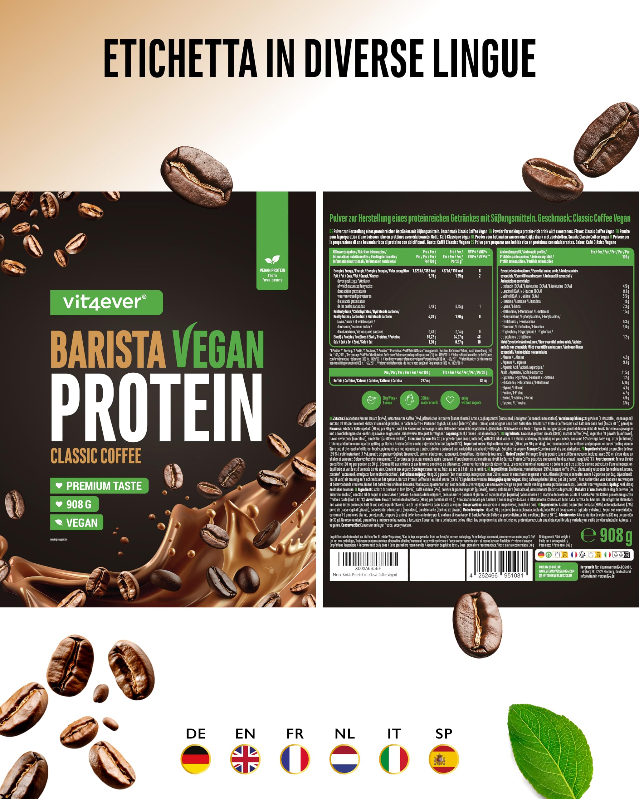Barista Protein Coffee - Cremoso caffè proteico a base vegetale con fino a 24 g di proteine per porzione - con vero caffè, caffeina, pochi zuccheri e grassi, senza soia - (908 g, Classic vegan)