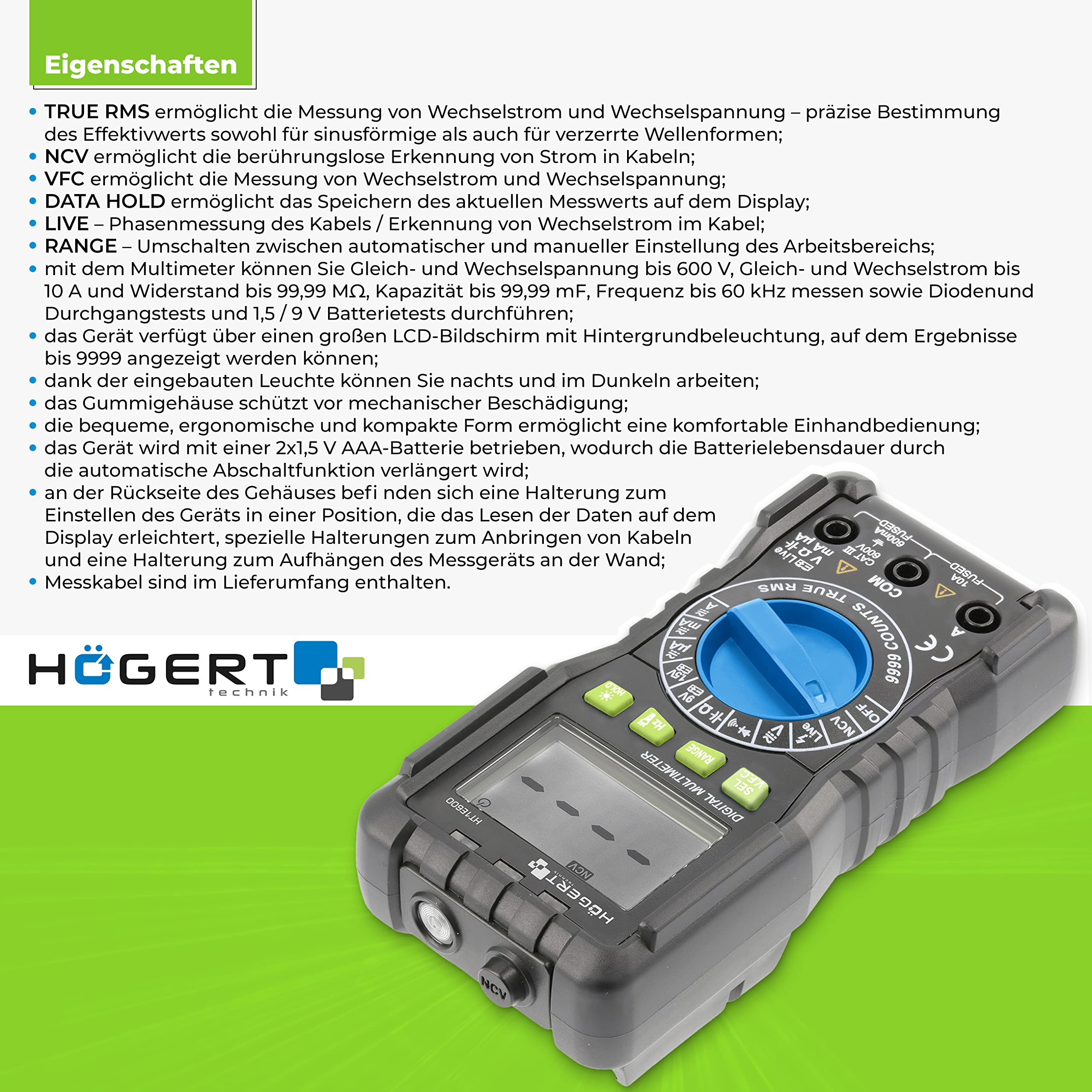 HÖGERT TECHNIK - Multimetro digitale con TRUE RMS, NCV, VFC, selezione manuale/automatica, display LCD, rilevamento di fase, per elettrici, auto e officina