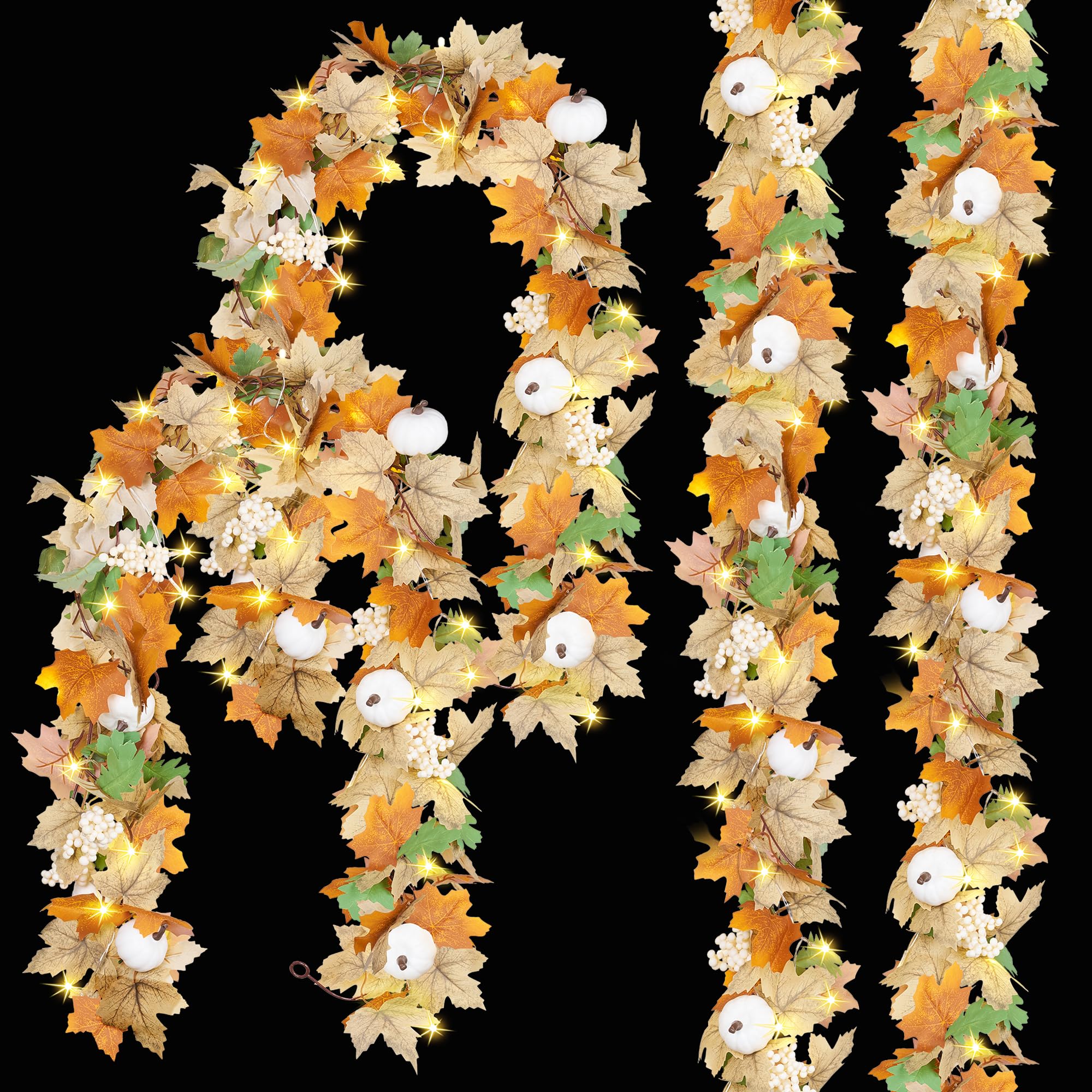 CQURE 4 Pack Fall Leaf Garland with Lights,23.6Ft 80LED Battery Operated Maple Leaves String Lights, Fall Decorations Autumn Garland for Thanksgiving Halloween Harvest Home Party