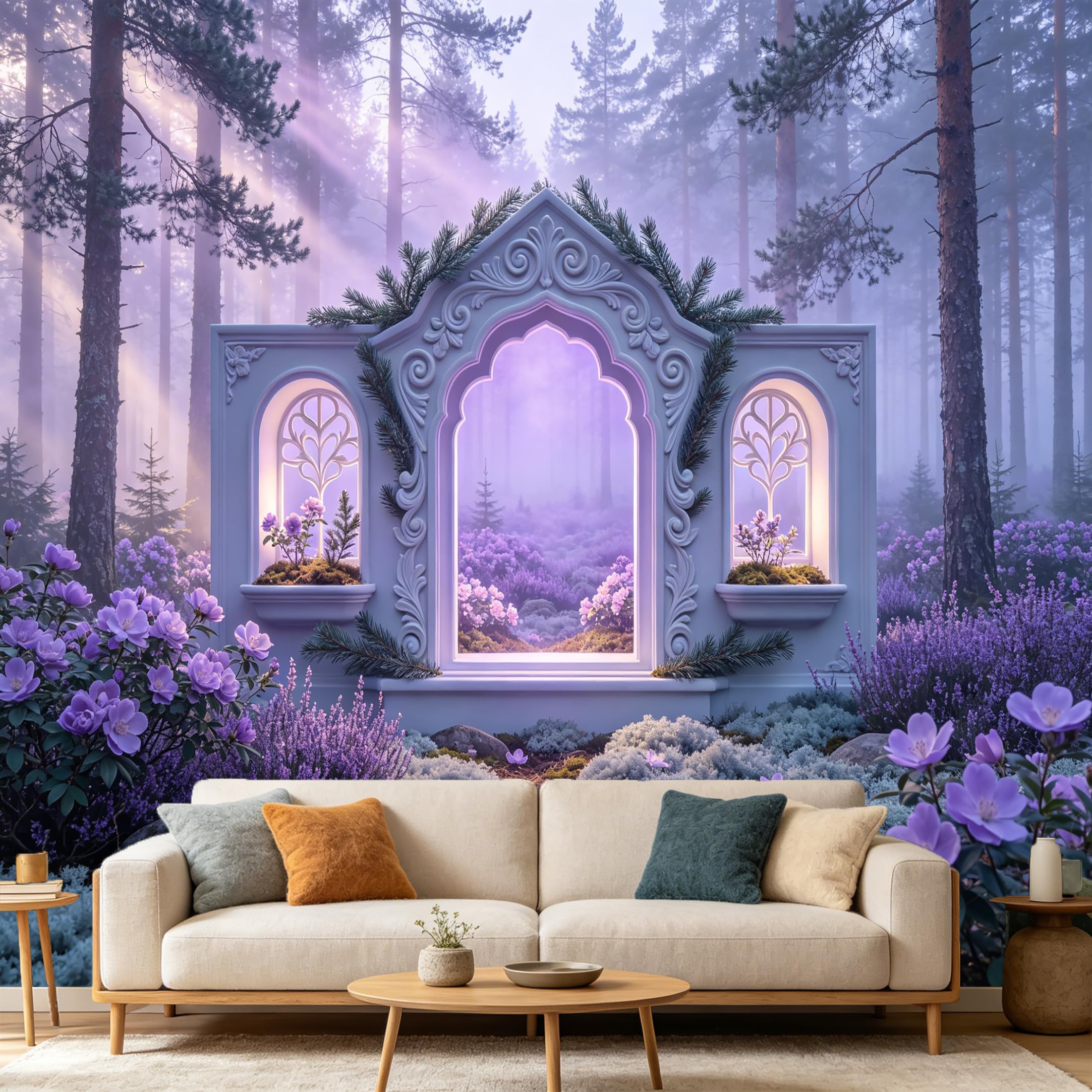 Custom Size Wall Mural， Misty Forest Archway Botanical 3D Landscape， SelfAdhesive Art Prints wall Fabric Removable Large Wallpaper Home Living Room Decor Aesthetic