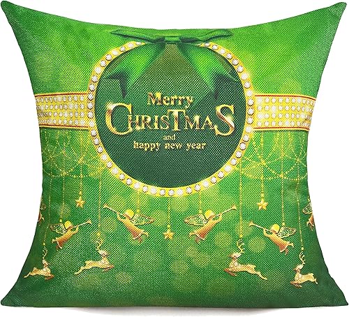 Miniatura 2 de All Smiles Juego de 4 fundas de almohada de Navidad verdes de 20 x 20 pulgadas, adornos dorados de Navidad, adornos navideños para interiores y