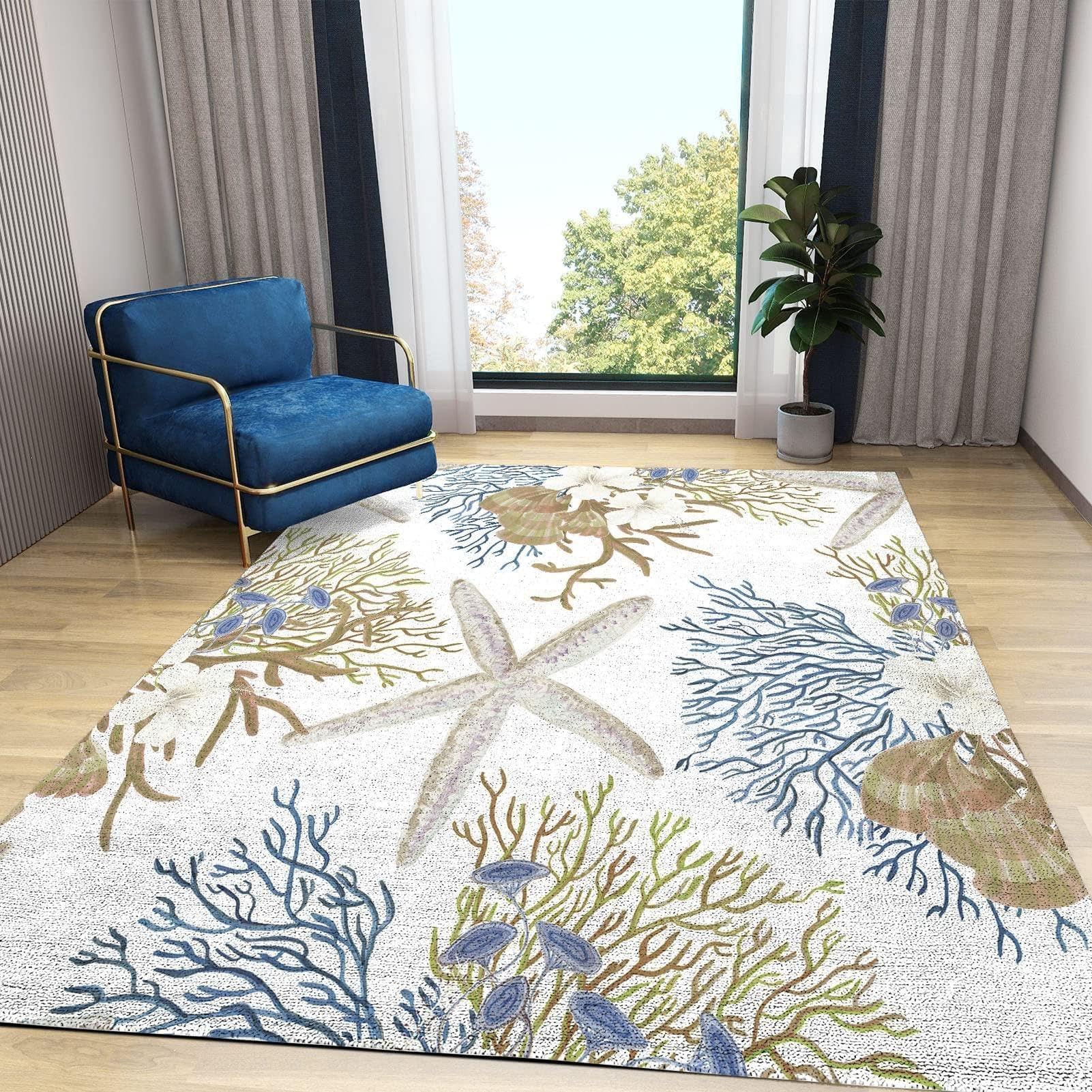 Tapis de Salon Étoile De Mer Corail Coquillage Tapis Chambre Nautique Plage Océan pour Décor de Cuisine Et de Salle à Manger 80 x 150 cm