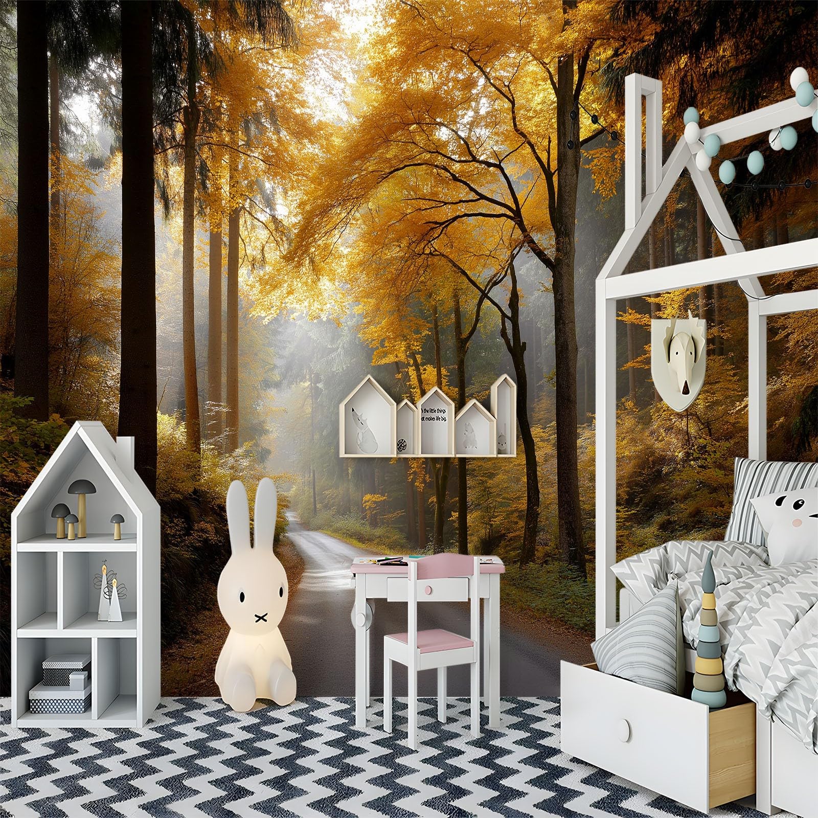 Fototapeta z włókniny, do pokoju dziecięcego, 300 x 210 cm, tajemnicza, piękna leśna ścieżka, tematyczna, zabawna tapeta do pokoju dziecięcego, pokoju dziecięcego, khaki