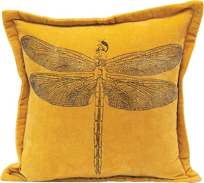 Creative CoOp Cotton Velvet Printed Dragonfly, Mustard Color Pillow, Gold Home