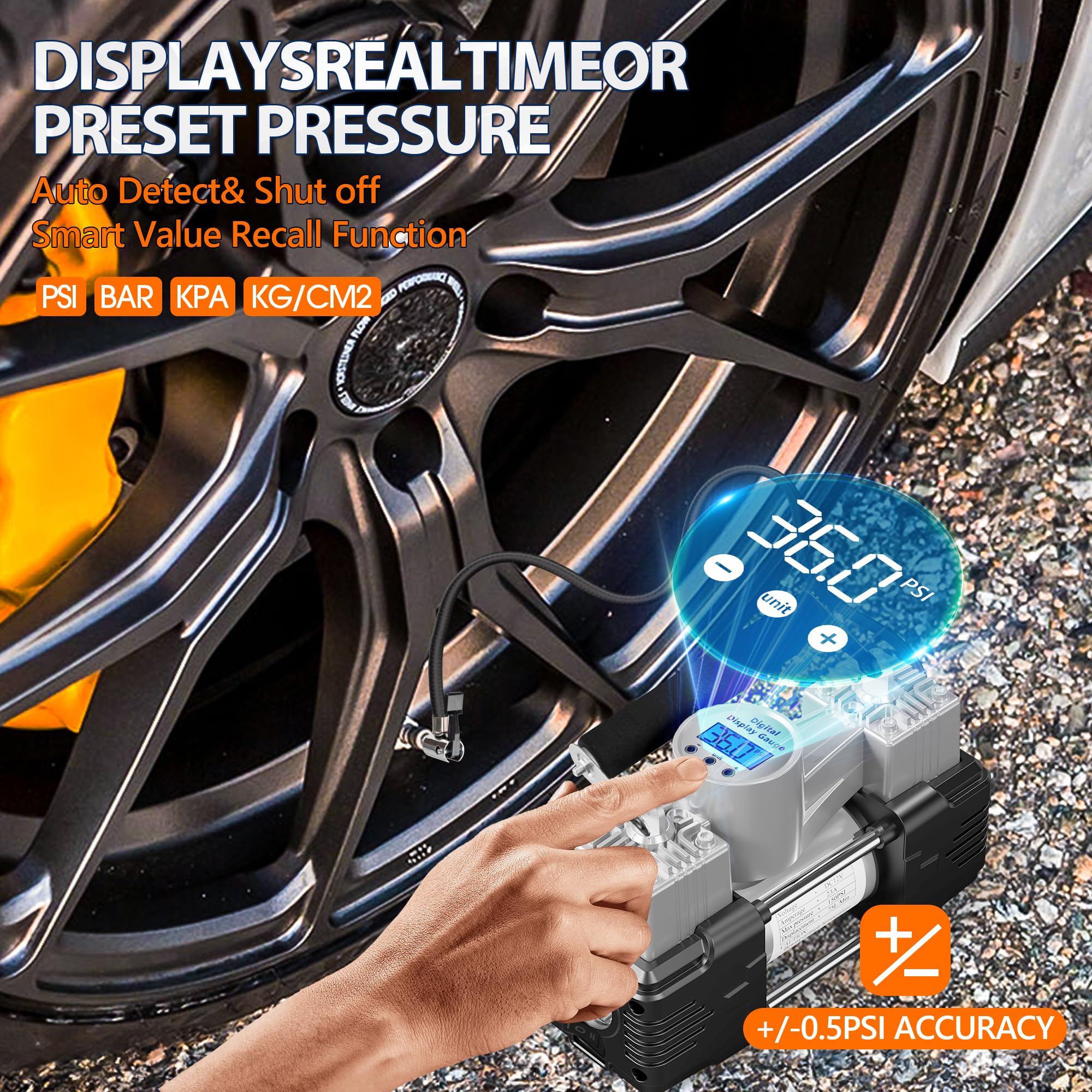 Compressore d'aria portatile a doppio cilindro, 150 psi, 12 V, con display digitale, luce LED, spegnimento automatico, accessori fuoristrada, resistente, per camion, SUV, auto, camper (argento
