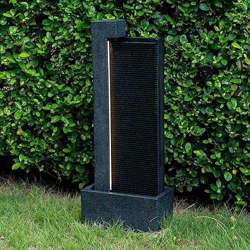 39.76" H Outdoor Water Fountain Made with Eco-Friendly Recyclable Materials, Polyethylene Modern Waterfall Water Fountain Outdoor, Garden Decor with LED Light & Pump for Patio, Porch, Backyard