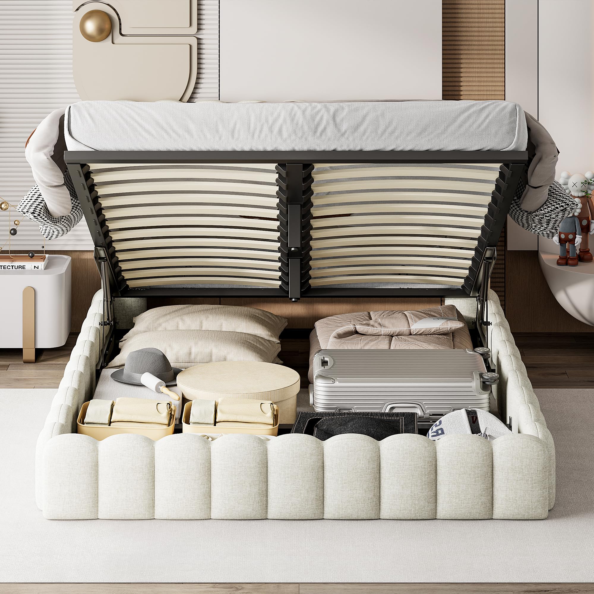 Letto imbottito 160 x 200 cm con contenitore, letto matrimoniale 160x200 baule con LED,Spazio utile,Letto Idraulico con Rete a Doghe e Telaio in Metallo, Senza Materasso (Beige, 160x200 cm)
