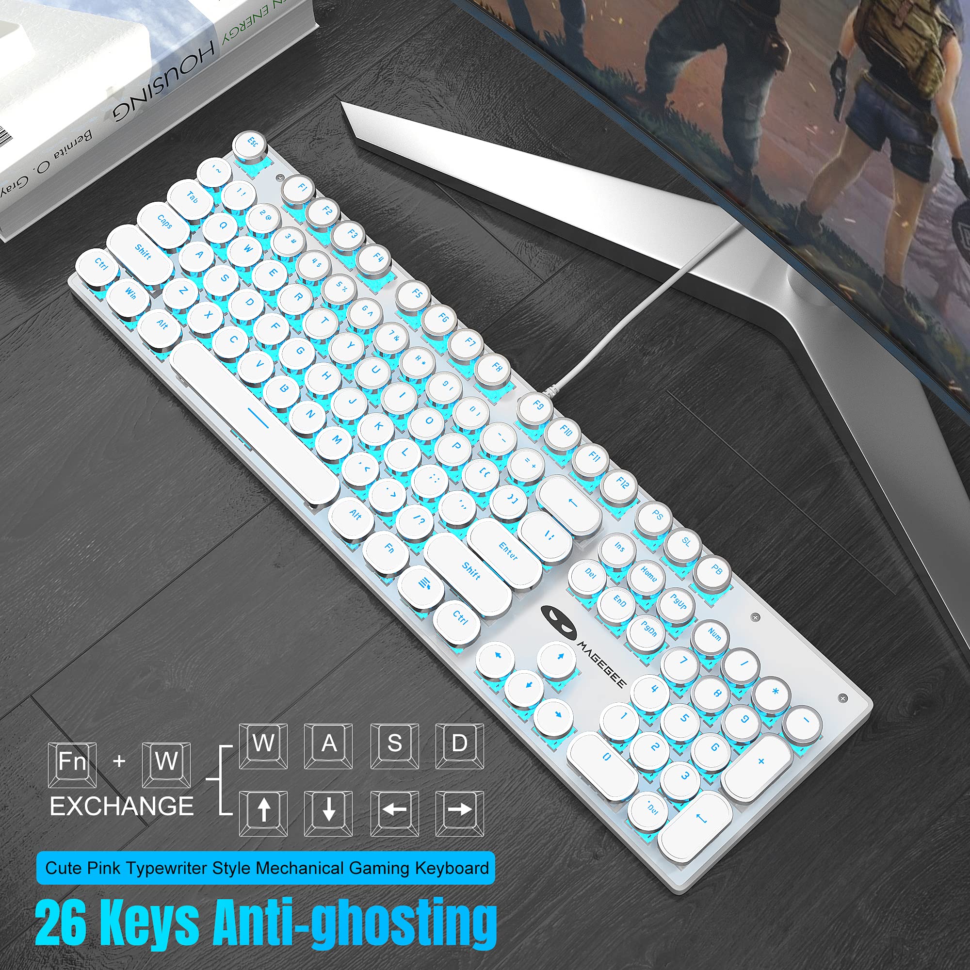 Typewriter Style Mechanical Gaming Keyboard, White Retro Punk Gaming