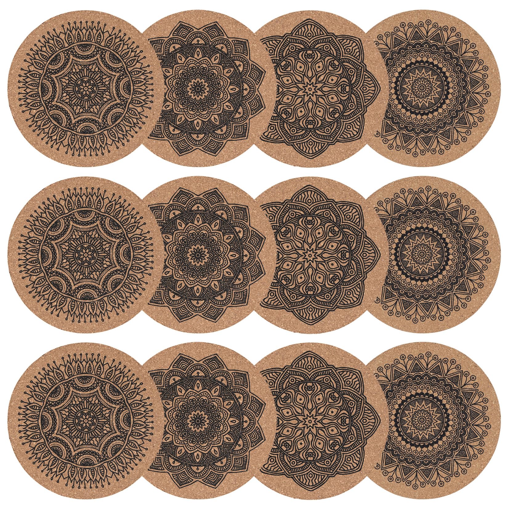 Drink Coasters Set of 12, Table Drinks Coasters, Cork Coaster Set, Mandala Heat-Resistant Cork Coaster Set for Home Coffee Table Decor Desk Tabletop Protection Beer Mats(Mandala)