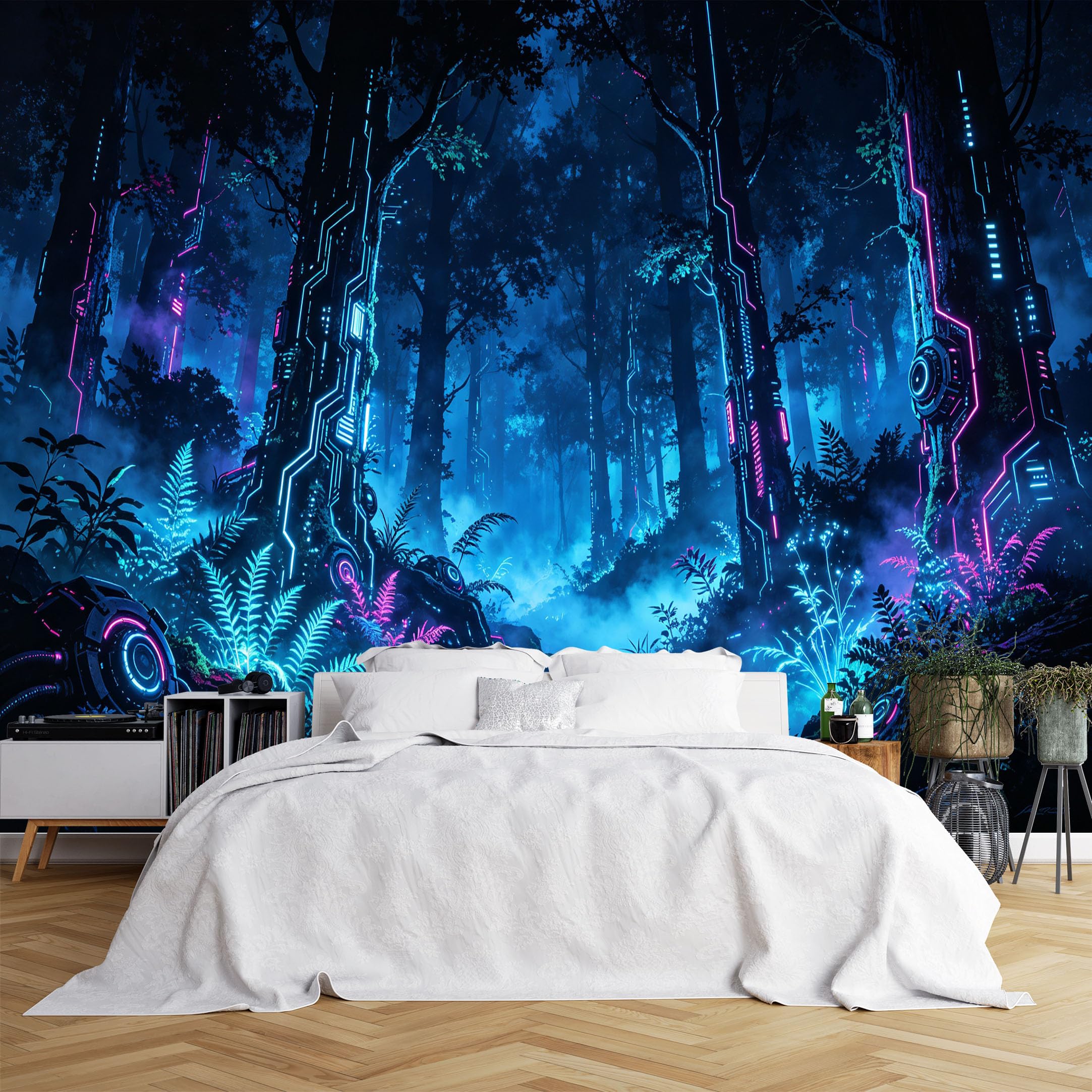 Custom Size Wall Murals Cyberpunk Forest with Neon Trees and Mist Wall Murals Futuristic Landscape Wallpaper, 3D Self-Adhesive Removable Wallpaper for Living Room Hall