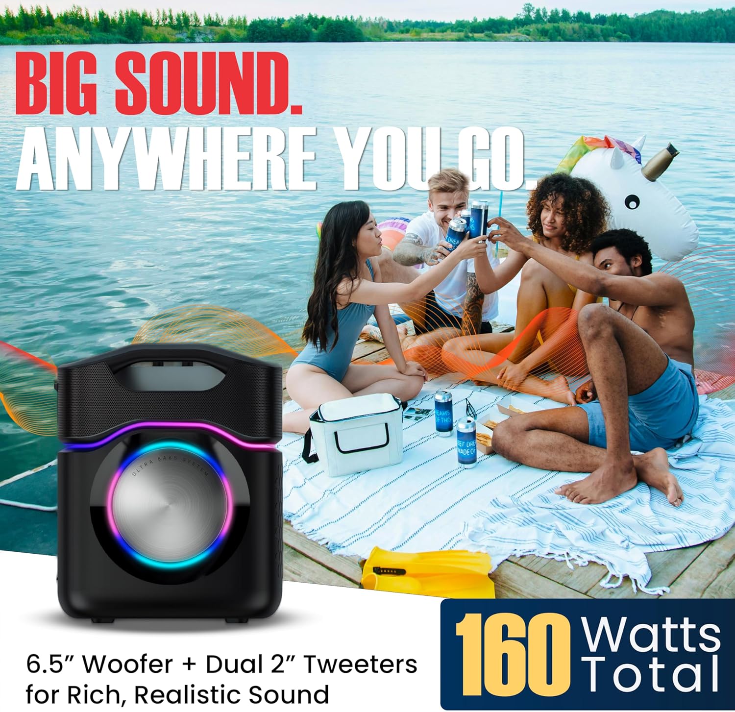 AudioSource 2.1 Channel Party Speaker with Built-in Subwoofer, 160W, RGB Light Modes, Portable Outdoor Karaoke Speaker, Bluetooth 5.3, Dual Mic Inputs, Ultra Bass Boost, Matte Black, AP40 - Image 2