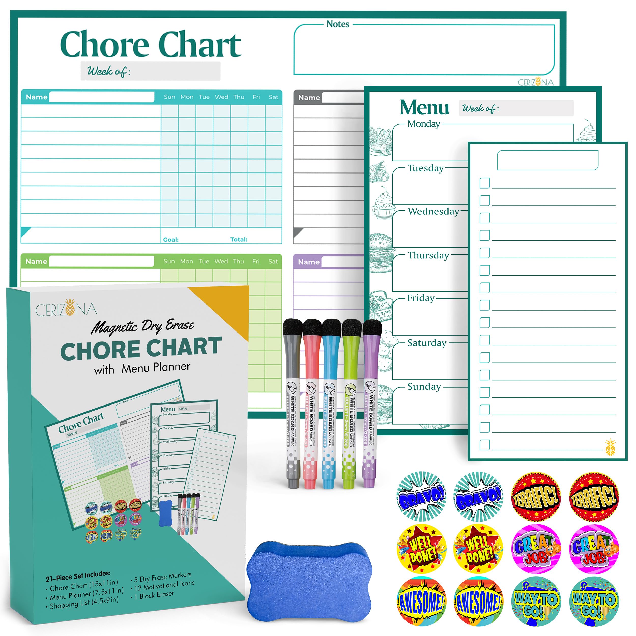 Magnetic Chore Chart for Refrigerator 15"x11", Magnetic Chore Board, 2 List Boards, 5 Dry Erase Markers, 12 Motivational Icons for Reward, Chores Chart for Kids Multiple Kids, Teens & Adults