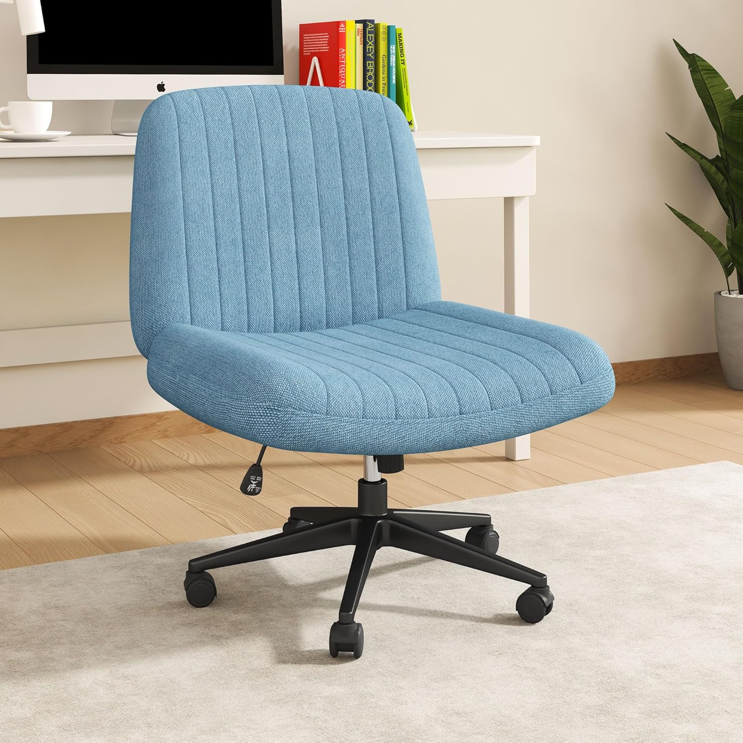 shintenchi criss cross chair,cross legged office seat with wheels armless swivel vanity chair,height adjustable wide computer task seating for home office,blue blue with wheels