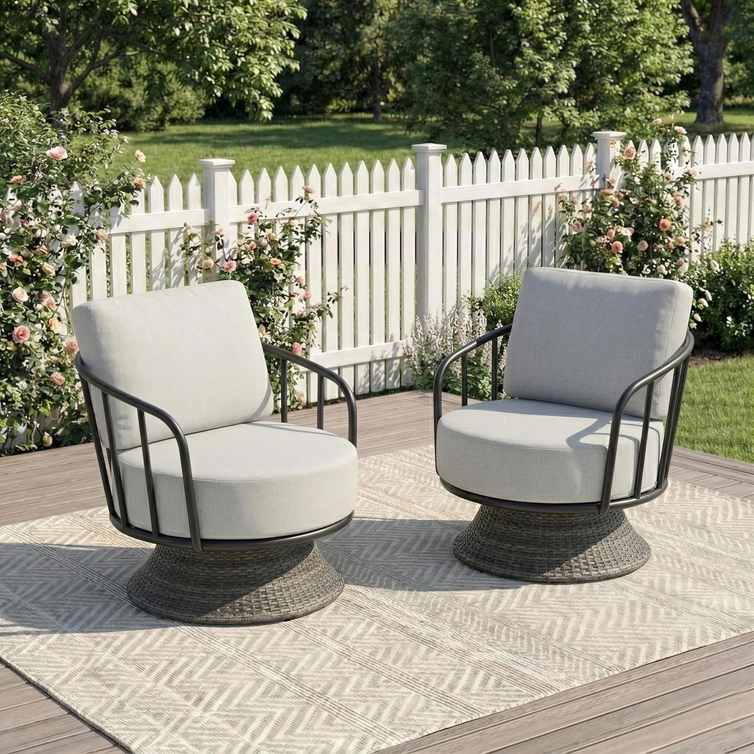 2 PCS Patio Furniture Set,Outdoor Swivel Chairs Set of 2,Wicker Patio Bistro Set with Overstuffed Washable Cushions for Porch, Balcony, Deck, Dark Gray Rattan and Light Gray Cushion