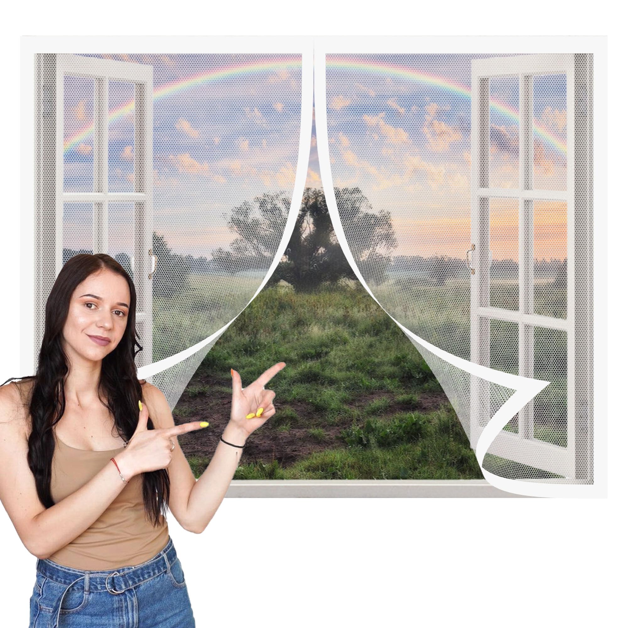Magnetic Window Fly Screens Windows 120 x 120 cm with Selfadhesive DIY Window Bug Screen Kit Mosquito Easy Install for Windows Doors and Patio Screens, White