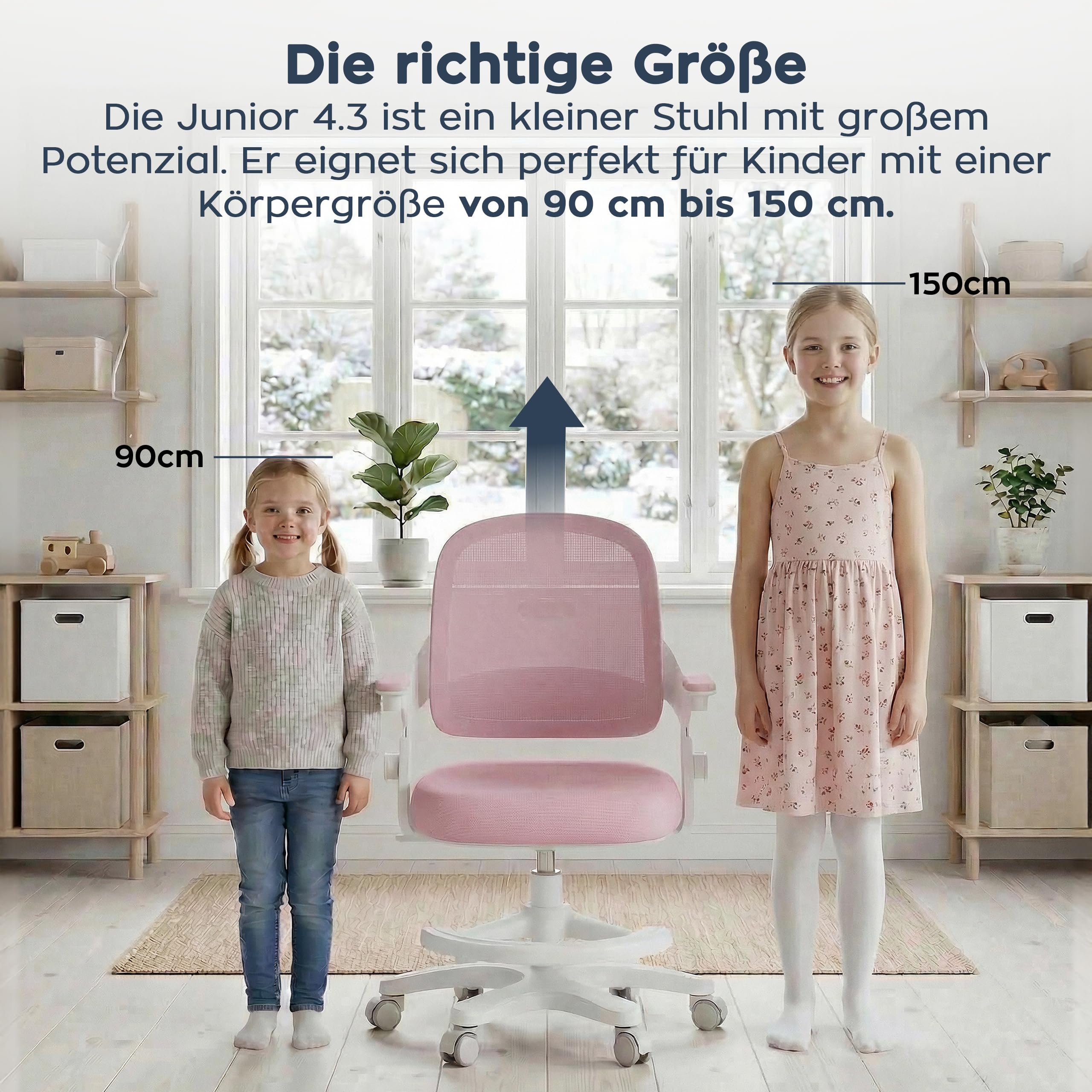 MARK ADLER Junior 4.3 Kinder Bürostuhl – Ergonomischer Kinderdrehstuhl | Mitwachsender Kinderstuhl 90–150 cm – Verstellbare Rückenlehne – Mit Fußstütze – Klappbare Armlehnen 0–90° - Rosa