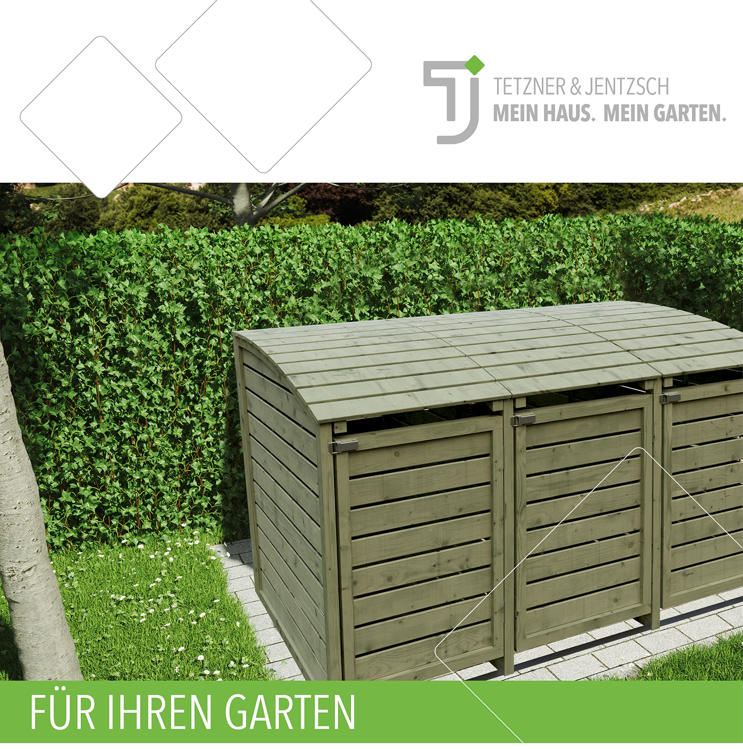 TETZNER & JENTZSCH HENRI-Mülltonnenbox 3er mit Rückwand & Klappdach I Mülltonnenverkleidung aus Kiefernholz für 3 Mülltonnen oder gelbe Säcke I Outdoor Mülltonnenbox aus Holz mit Montageanleitung