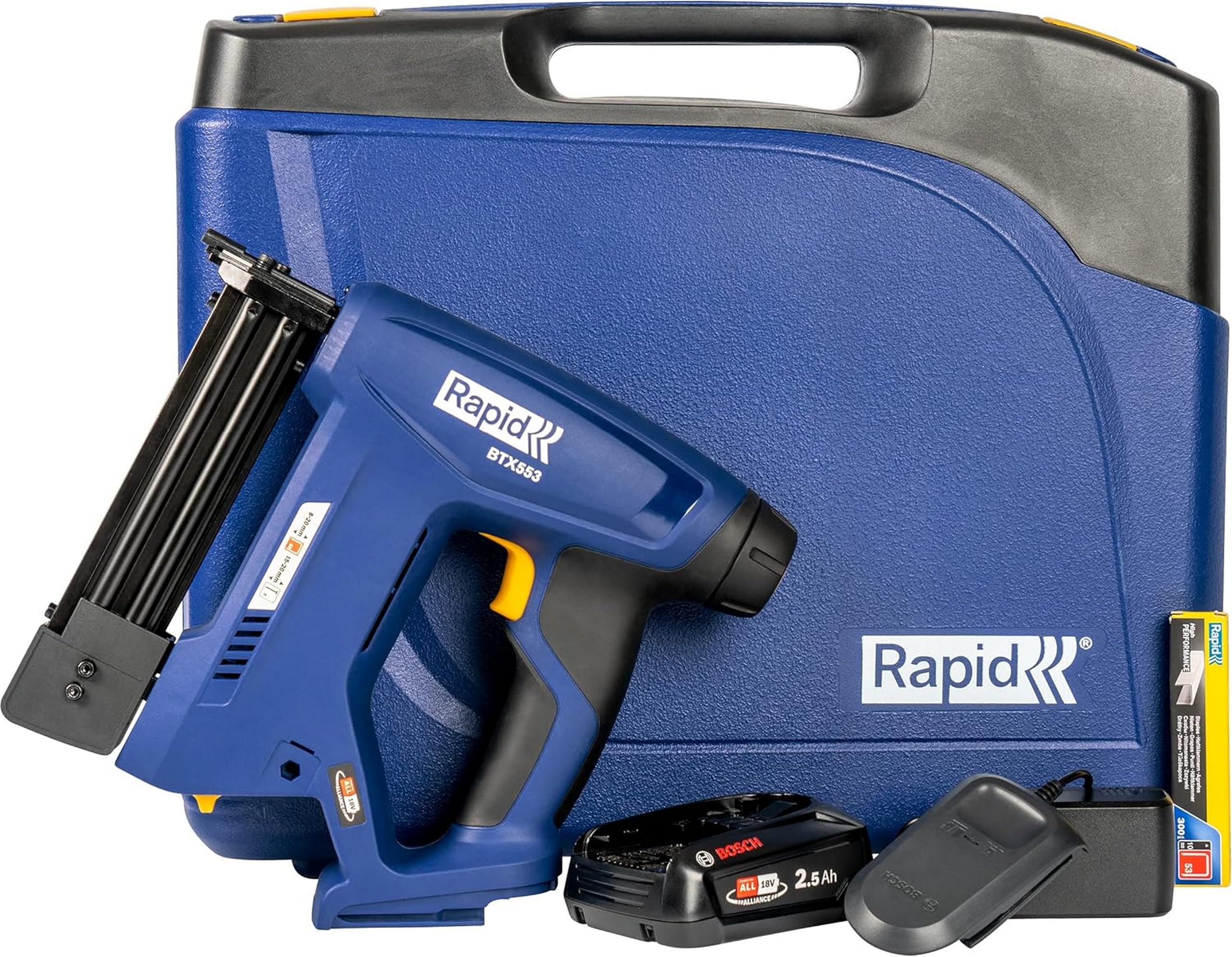 Rapid BTX553 18V Pistola Graffatrice, Compatibile con Graffette a Filo Sottile n.53 e Chiodini n. 8, per Tappezzeria e Bricolage Include 300 Chiodini, Batteria, Caricabatteria e Valigetta 5001506