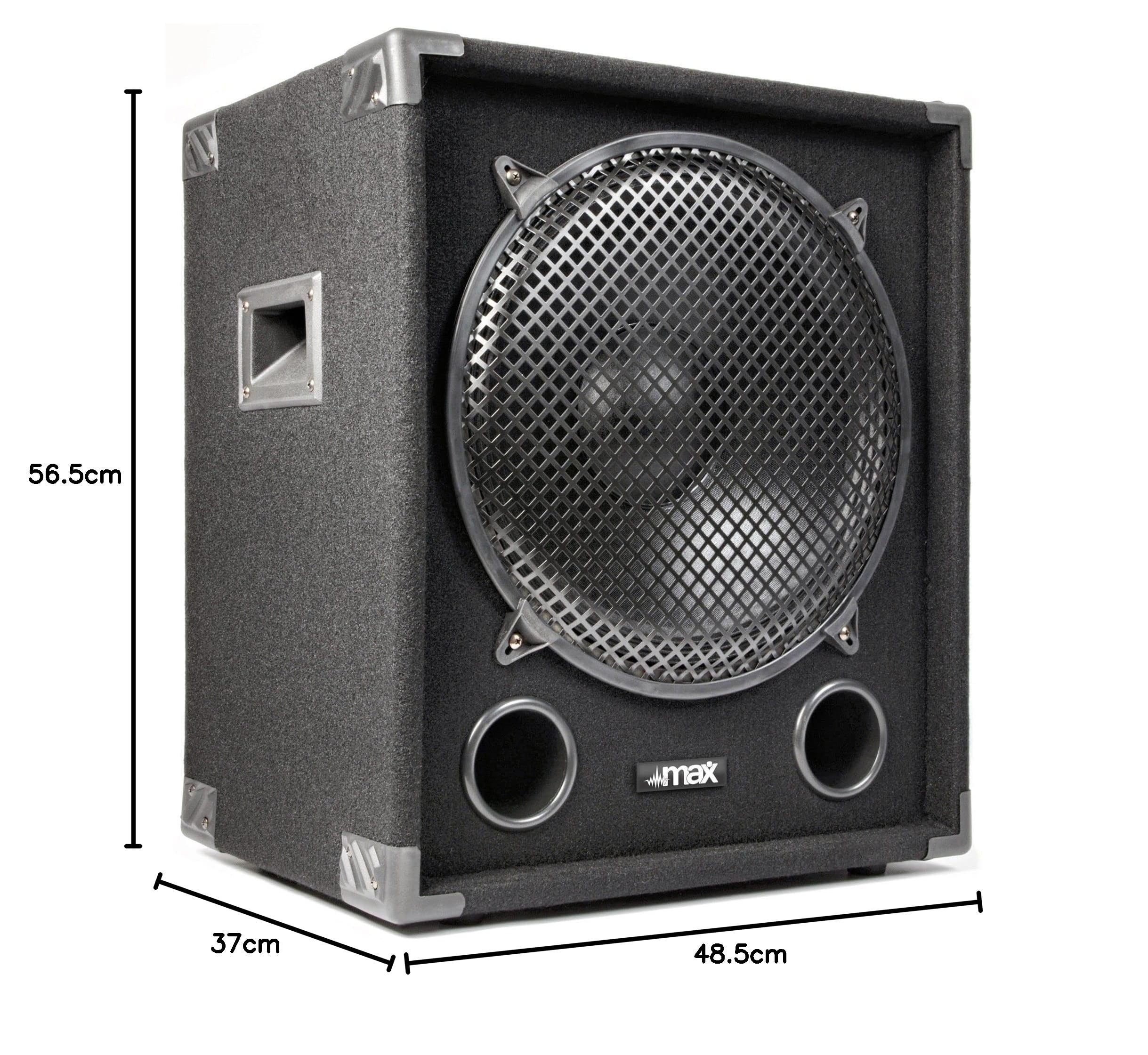 MAX MAX15SUB Subwoofer pasivo de 1200 W. Subwoofer para DJ de 15", 2 x bornes, Tophat para Altavoz, Graves Profundos y resonantes, Resistente y fácil de Transportar