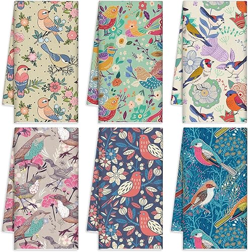 Redbaker Juego de 6 paños de cocina de verano con diseño floral de pájaros, juego decorativo absorbente de flores, paños de mano, regalos para