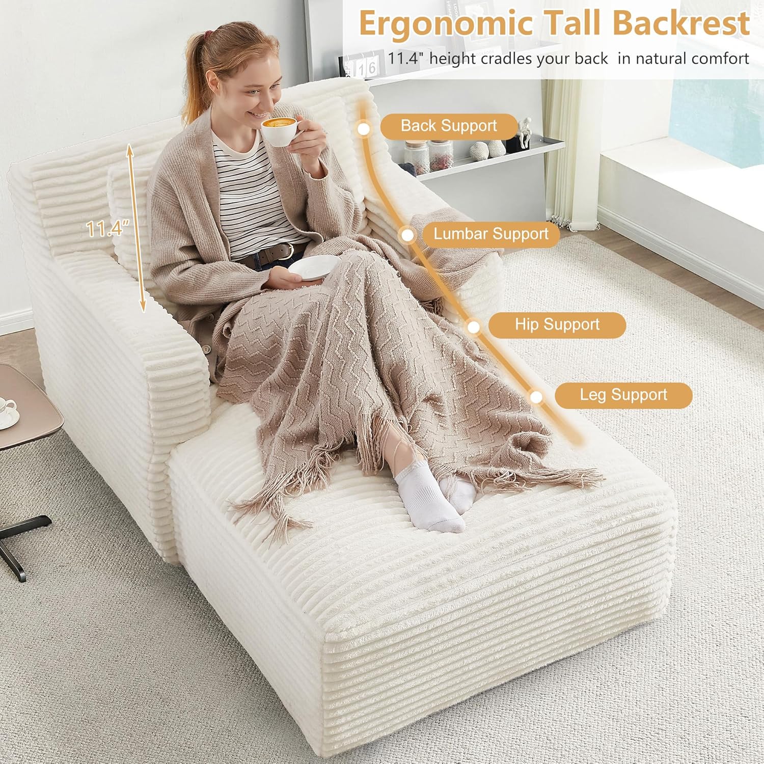 65.4" Oversized Chaise Lounge, Corduroy Upholstered Foam Lounge Chair, Deep Seat Lounge Couch, Cozy Oversized Reading Chair for Living Room, Bedroom, Home Library, No Assembly Required- Beige