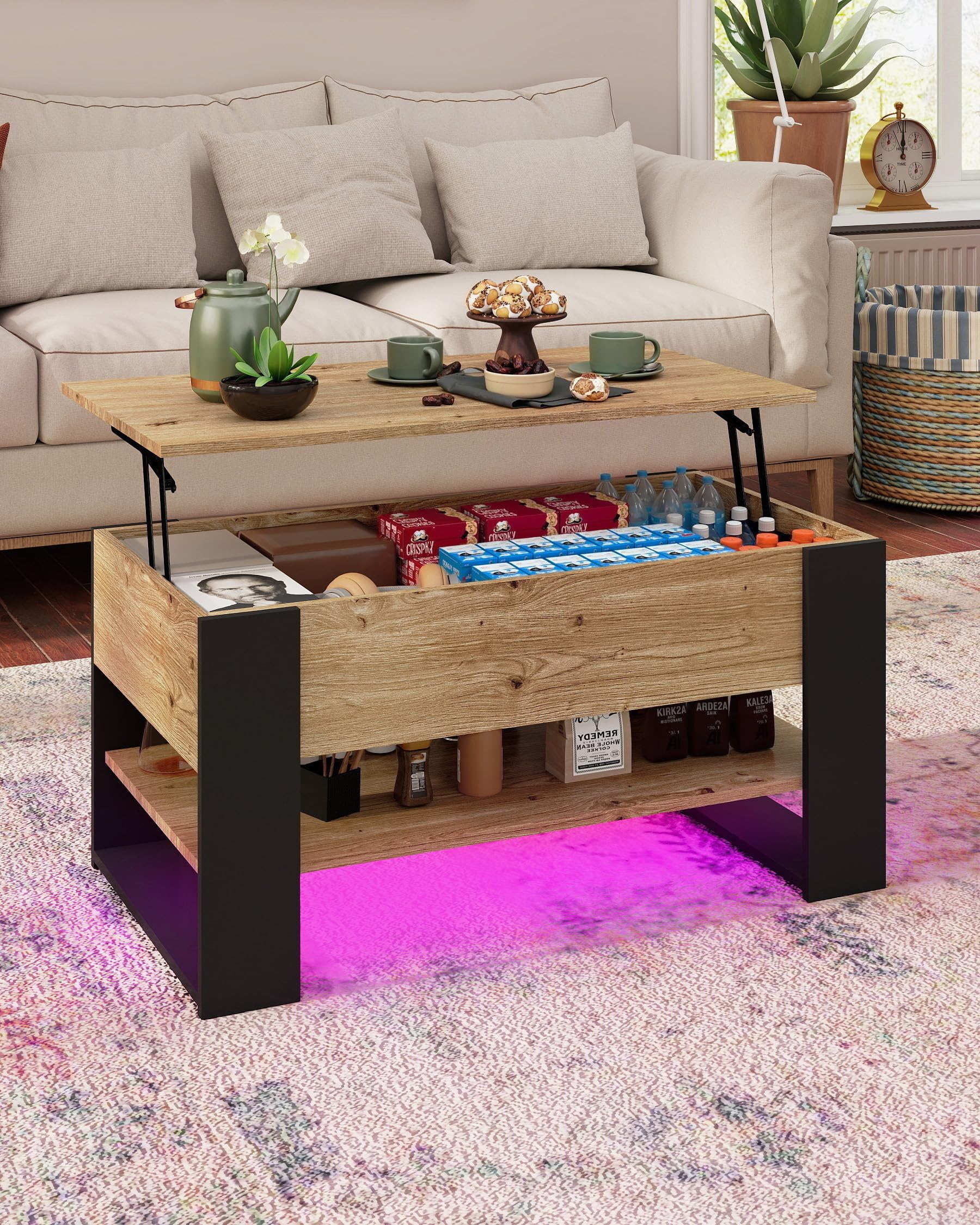 Mesa de Centro Elevable 45-62cm, Coffee Table con Luz LED, Mesas Auxiliares para Salon 92x50cm, Mesa de Centro Madera Roble, Muebles de Salon con Patas Negras U