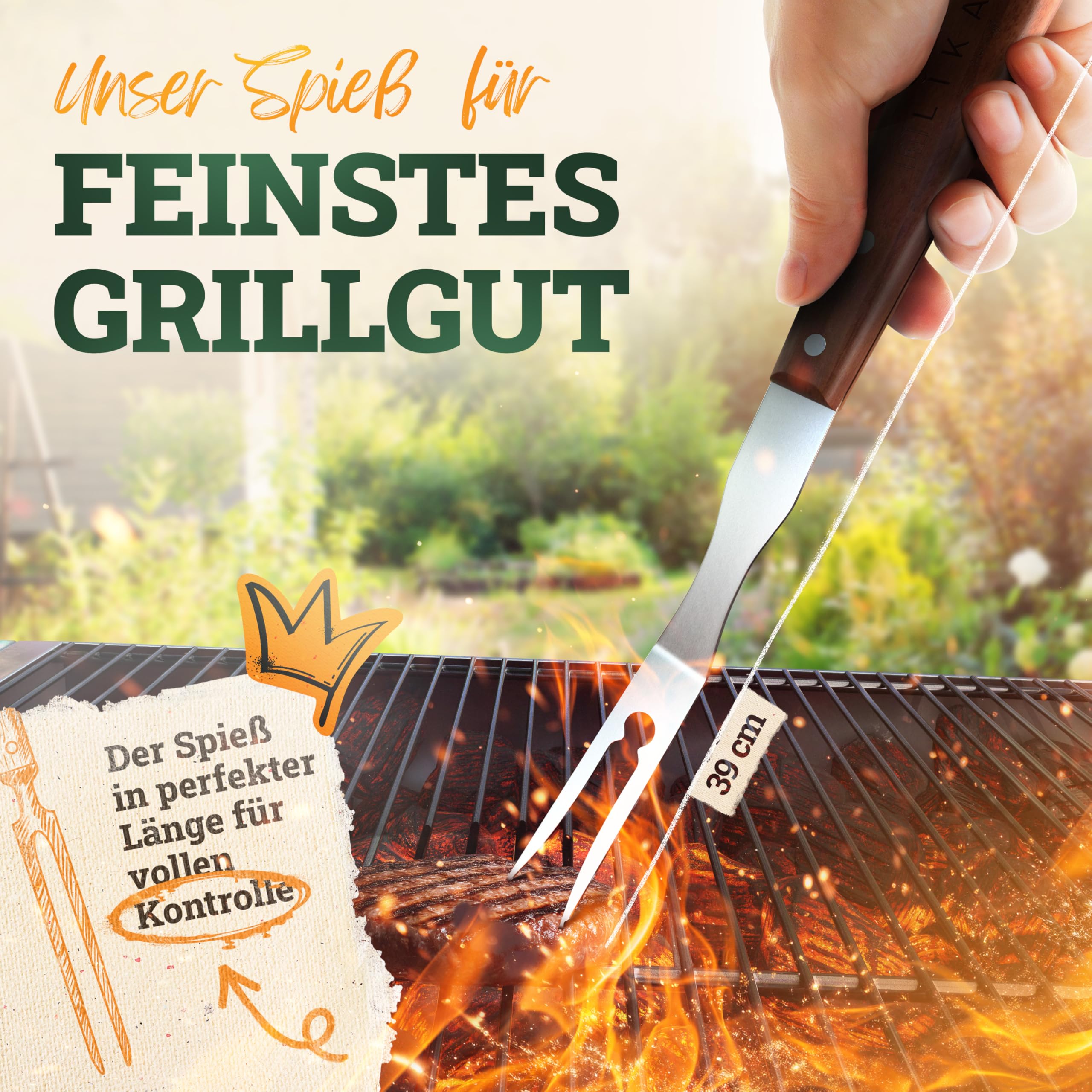 LIKAYA® Premium Grillbesteck-Set [5-TLG.] aus Edelstahl mit Akazienholz-Griff (Grillzange, Grillwender, Grillbürste, Grillgabel & Grillpinsel) – Perfektes Grillwerkzeug für Gasgrill & BBQ!