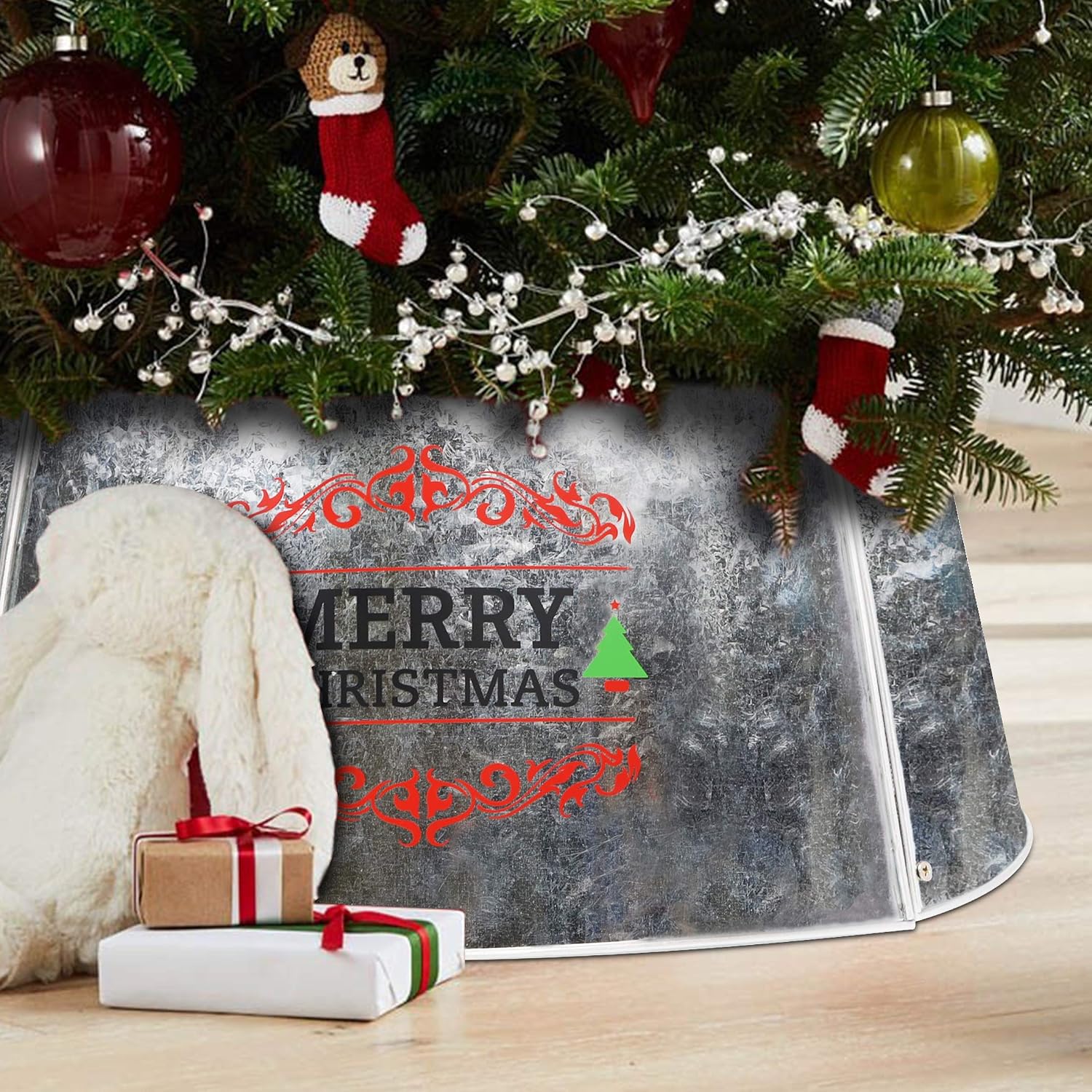 Blissun Christmas Tree Collar, Metal Christmas Tree Ring, Willow Tree Skirt for Christmas Tree Decorations, Silver