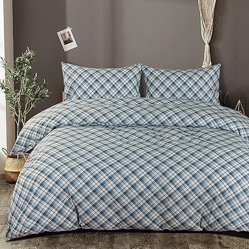 NTBAY Juego de funda de edredón de algodón lavado, 3 piezas, transpirable, a cuadros, tamaño Queen, azul a cuadros