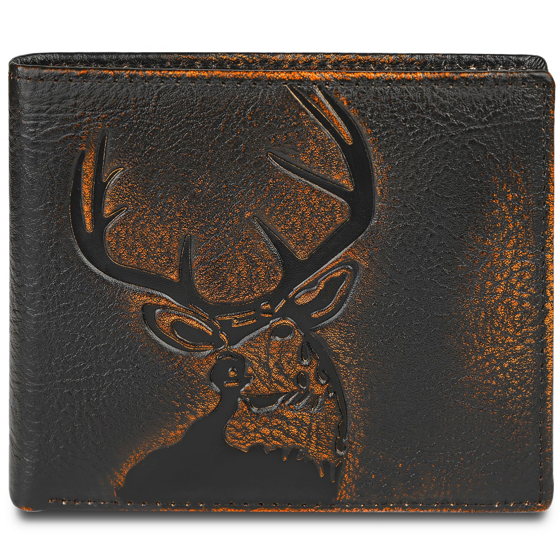 DK86 Deer Bifold Wallet for Men RFID Blocking Full Grain Leather With Hand Burnished Extra Capacity Multiple Card Slots with 2 ID Windows (black