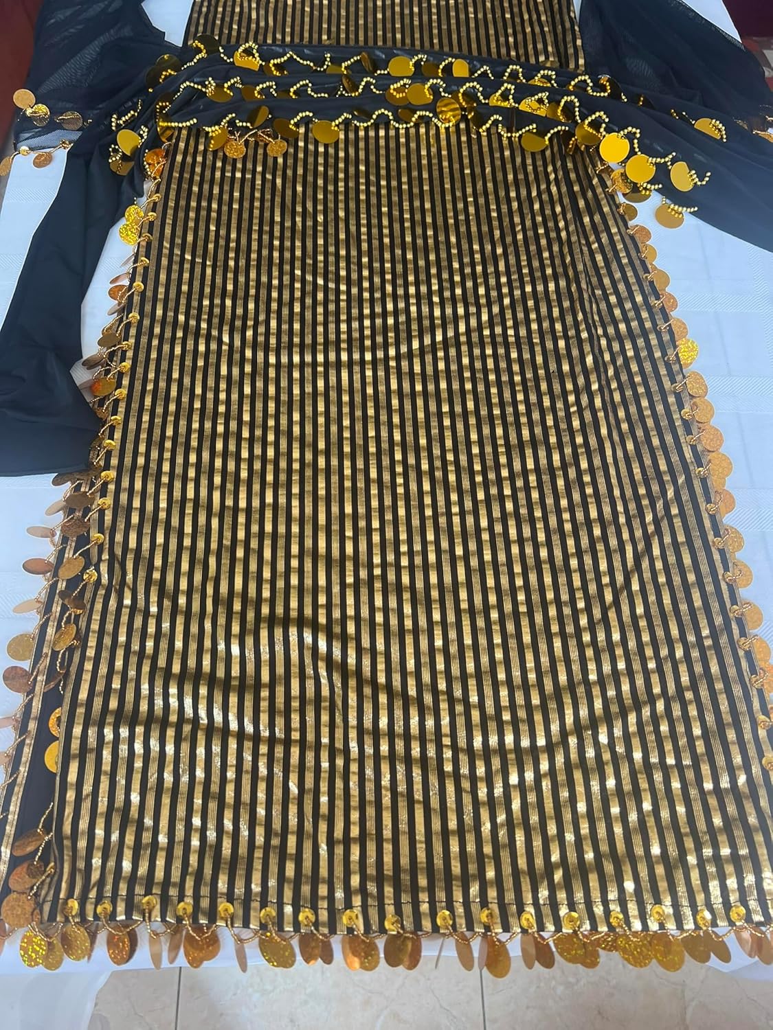 Generic Egyptian sexy belly dance dress with matching hip scarf, oriental dance galabia, dancing saidi abaya, kaftan, one size stretchy fabric, جلابية رقص شرقى, Black & Silver