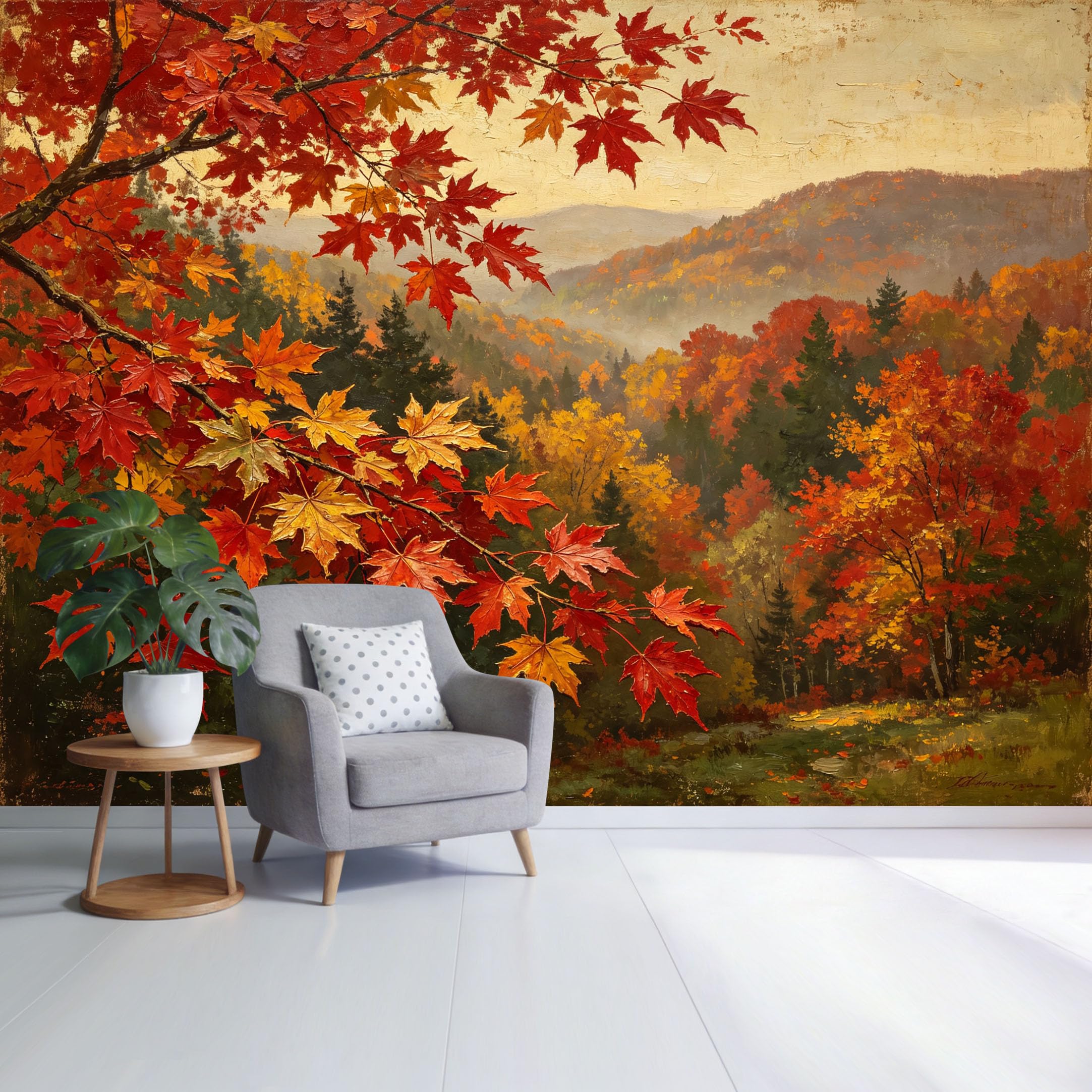 Custom Size Wall Mural Autumn Maple Forest Landscape Mountain View Oil Painting Style SelfAdhesive Wall Fabric Removable Wallpaper for Home Office Decor