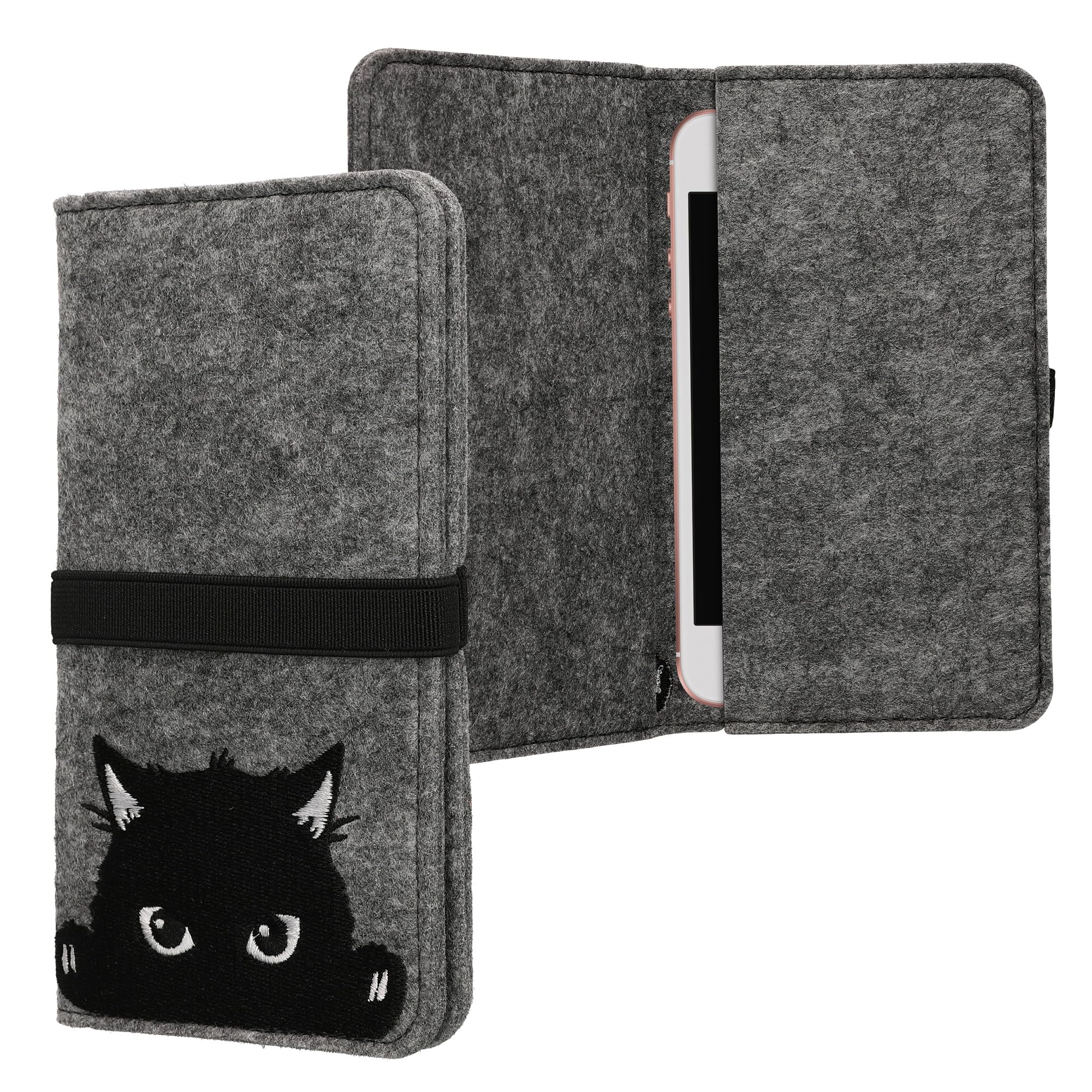 Kwmobile Étui Porte-monnaie En Feutre Pour Smartphone - Pochette De Protection Universelle 17,2 X 8 Cm - Housse Avec élastique - Petit Amour Noir-gris Clair