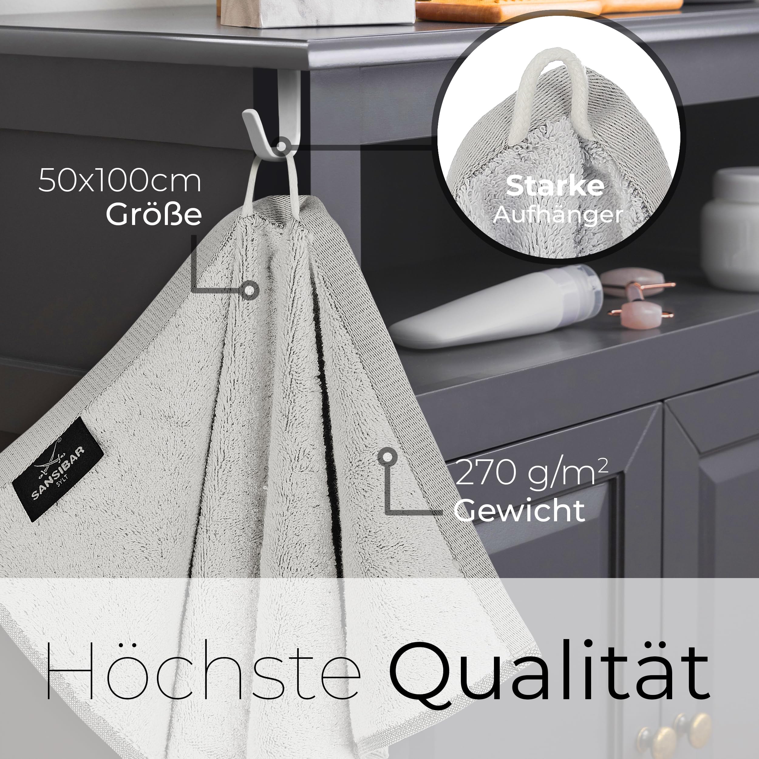 Sansibar Handtuch 4er Set 50x100 cm 100% Baumwolle Doubleface Frottiertuch gestreifte Borde Zweifarbig Silber/Weiß