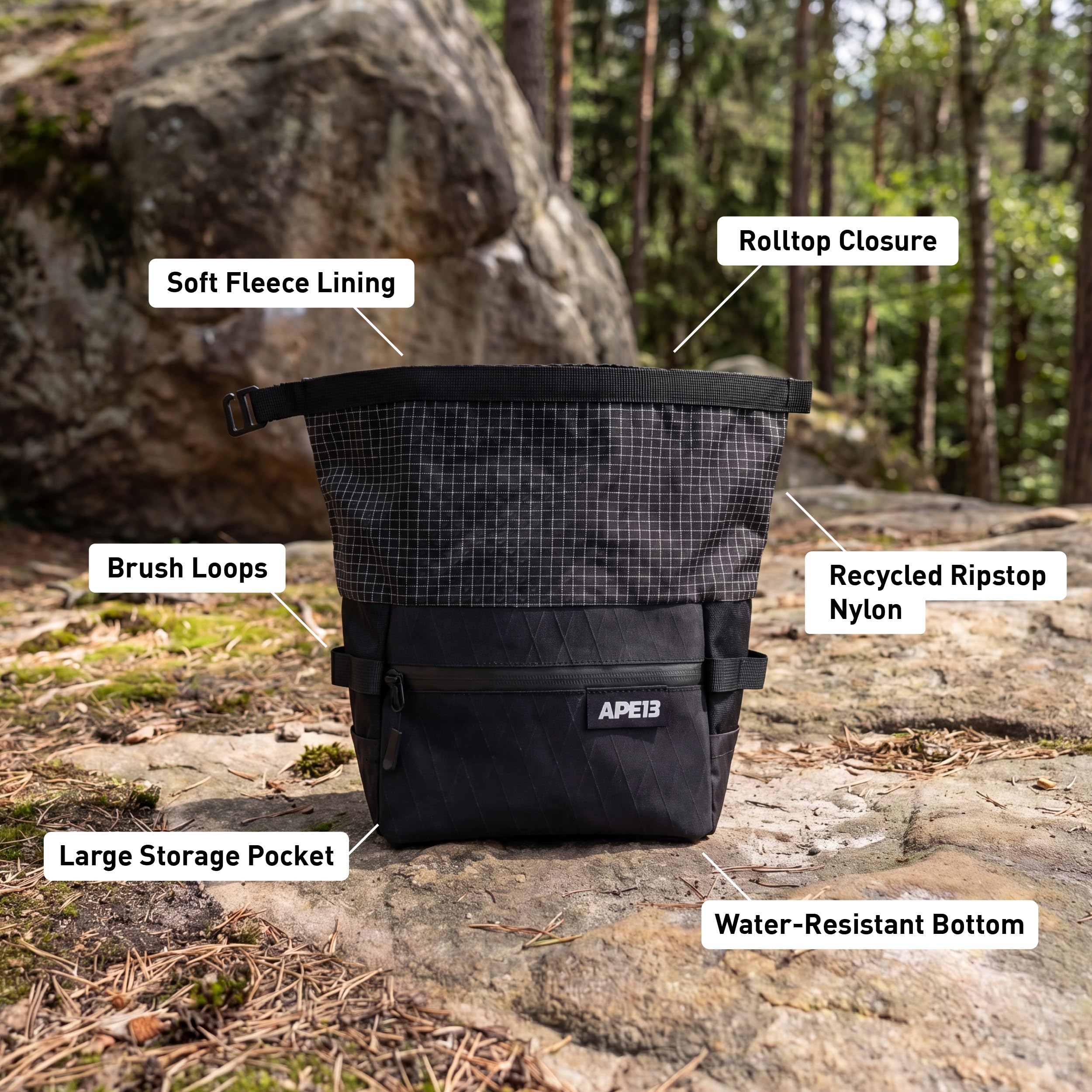 Grid Boulder Chalkbag – Großer Chalk Bag für Bouldern & Klettern, Rolltop mit Metallverschluss, stabile Base, Boulder Magnesia Beutel mit Taschen & Bürstenloops