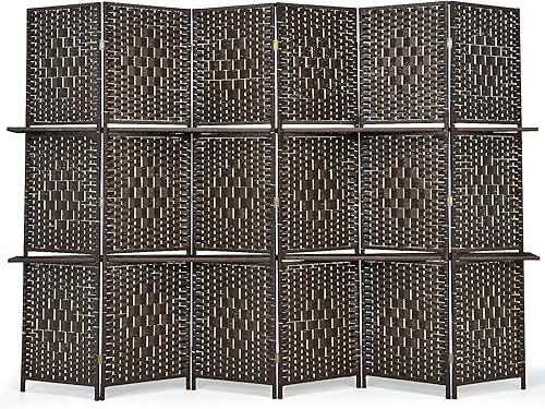 Miniatura 9 de Giantex Divisor de habitación de 6 pies y 6 paneles con estantes, pantallas de privacidad plegables de ratán tejido a mano para separación de