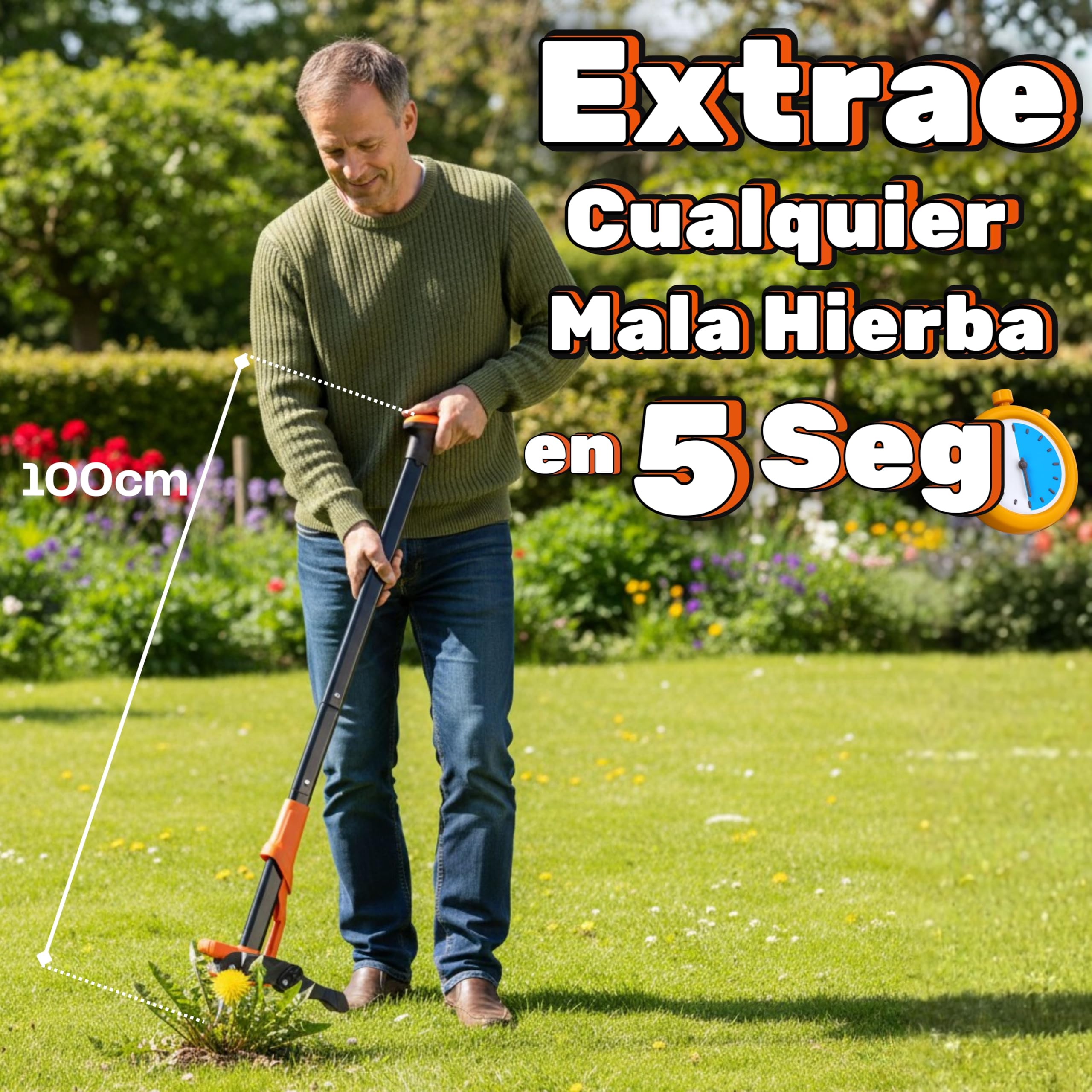 Extractor Malas Hierbas con 4 Puntas de Acero Ultrarresistente y Eyector de Plantas | Herramienta para Quitar Malas Hierbas Jardin Sin Agacharte Y Sin Esfuerzo. Deshierbador Manual Largo 100 Cm