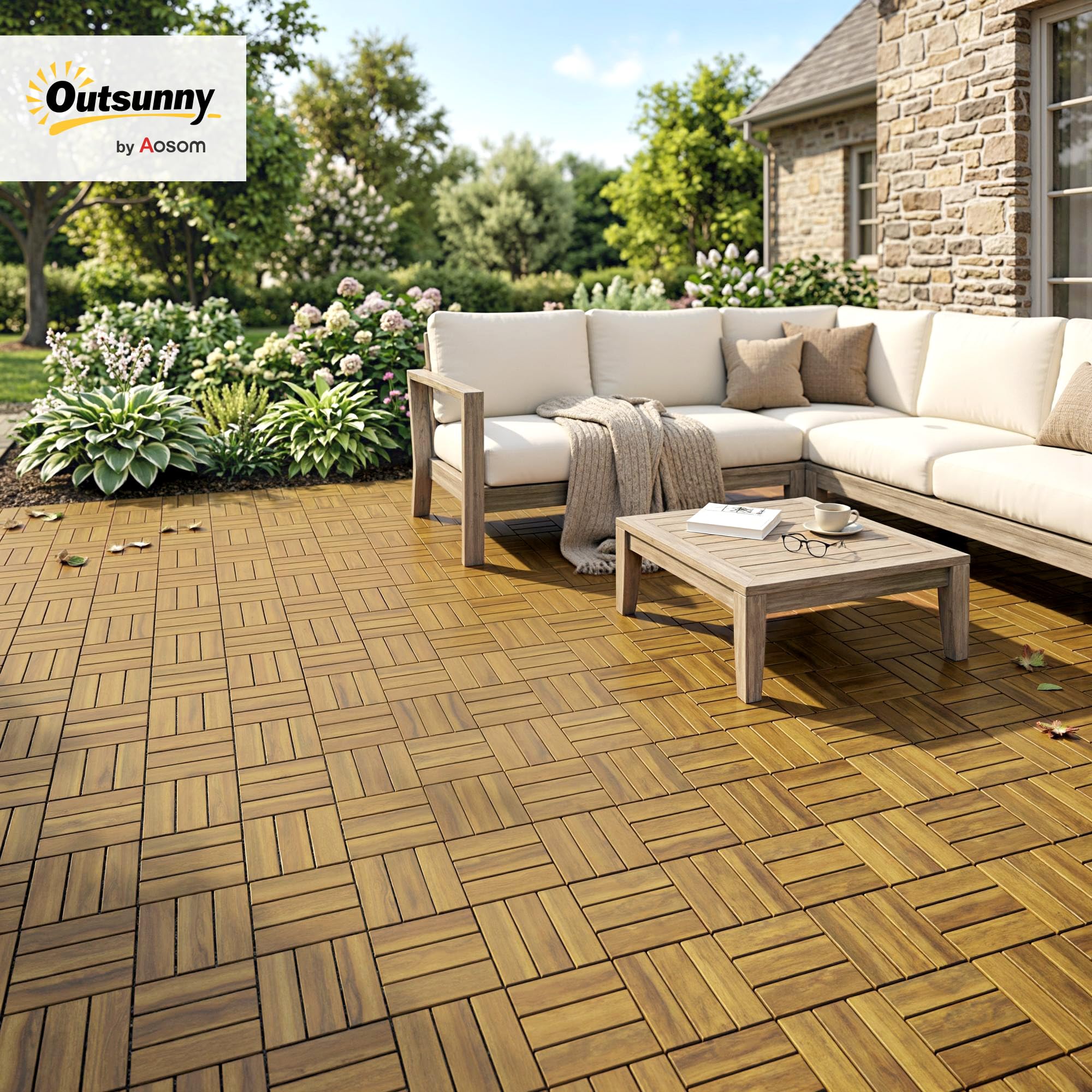 Outsunny Set de 10 Piezas Baldosas de Exterior de Madera de Acacia, 31x31 cm, 0,91 m², Suelo de Terraza Exterior, Antideslizantes y Resistentes al Clima, Fácil Instalación, para Terraza, Natural — view 2