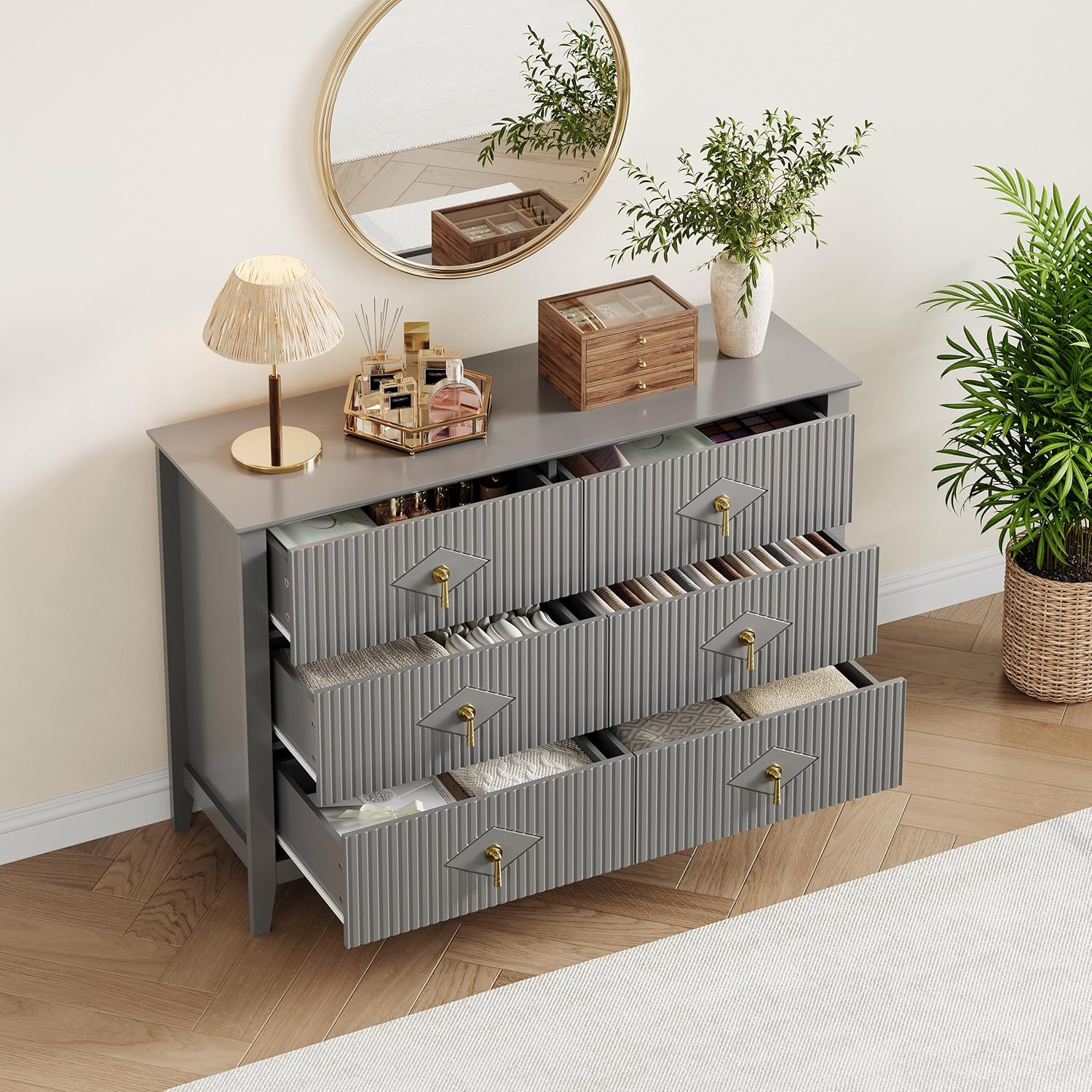 Fluted 6 Drawers Dresser for Bedroom, 47.2" Wide Modern Chest of Drawers with Metal Handle, Wooden Dresser Organizer for Bedroom, Living Room, Hallway, Entryway, Grey