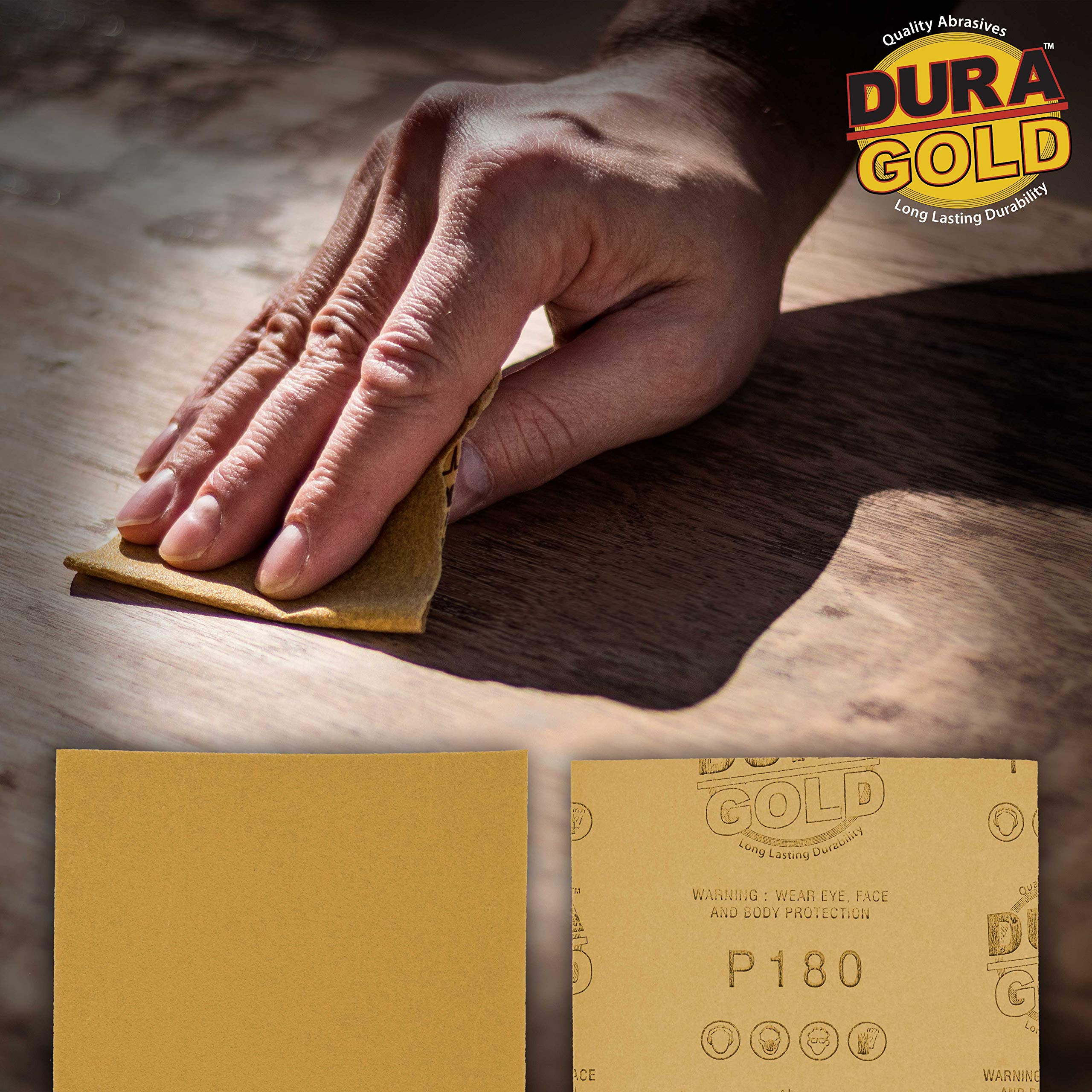 Dura-Gold - Papel de lija de grano 180 dorado - 1/4 hoja de papel de lija liso 5.5" x 4.5" - para lijadoras de palma automotriz y carpintería - Caja de 400