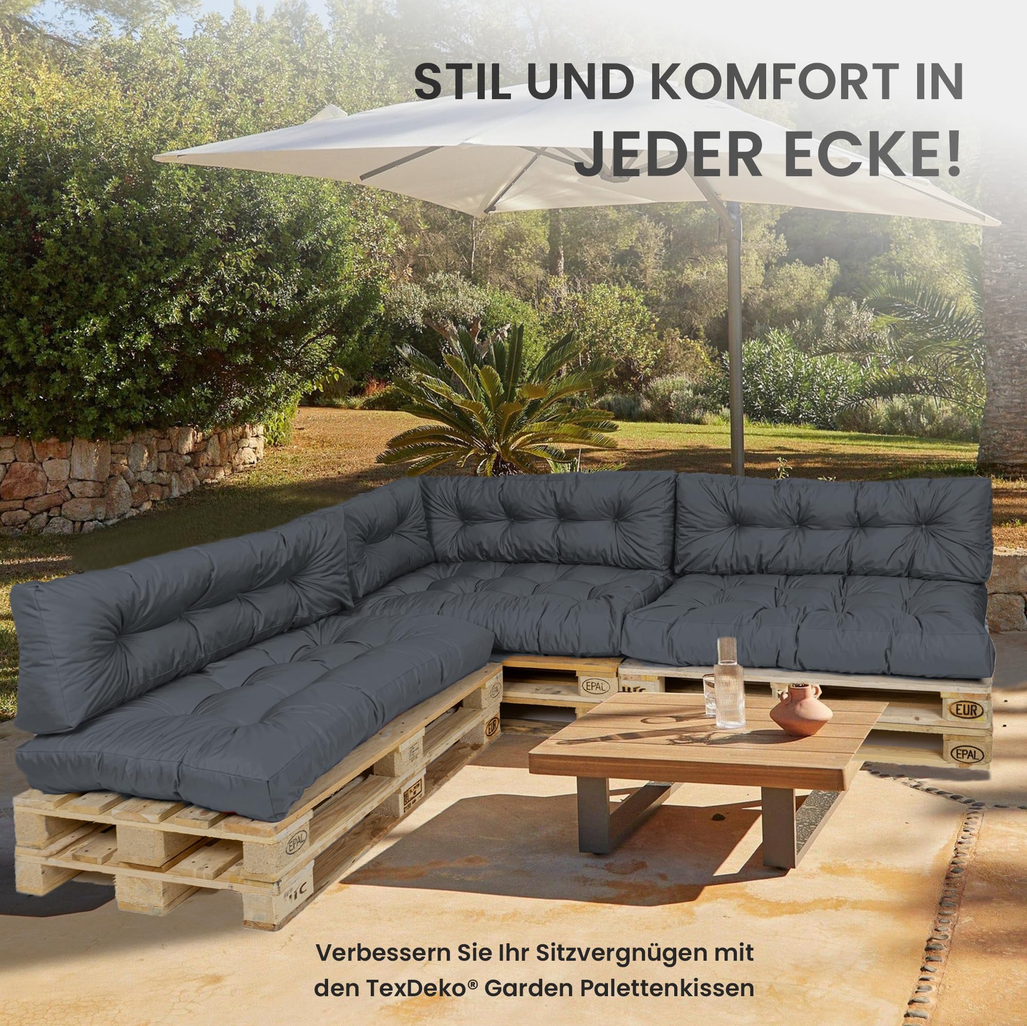 TexDeko® Garden Palettenkissen 120x80x18cm wasserabweisend UV - beständig In- & Outdoor Premium Sitzkissen gesteppt Palettenauflage für Europaletten (3-TLG Set, Anthrazit)