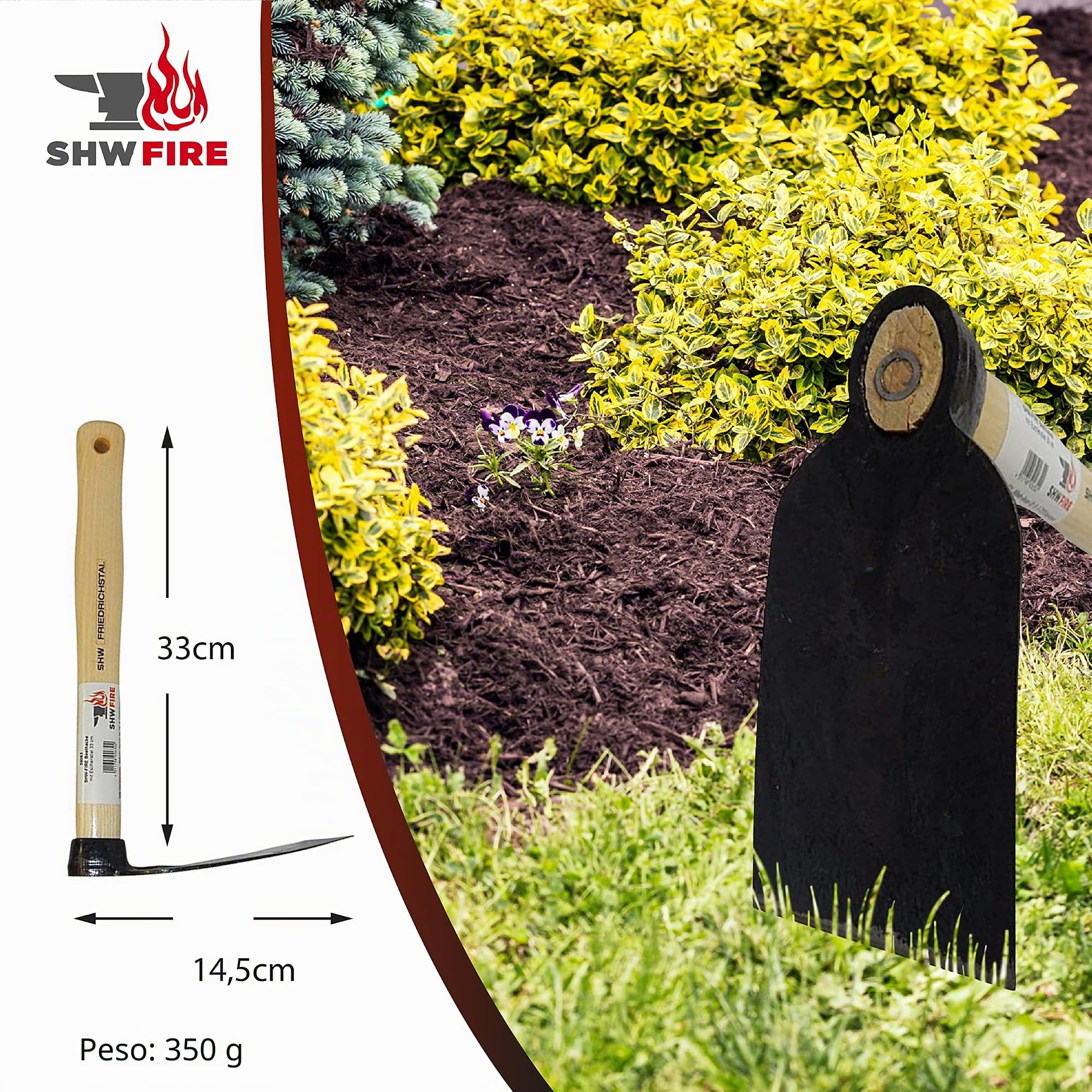 SHW-FIRE Potente bancal – 33 cm de ancho y mango de madera de fresno para jardinería